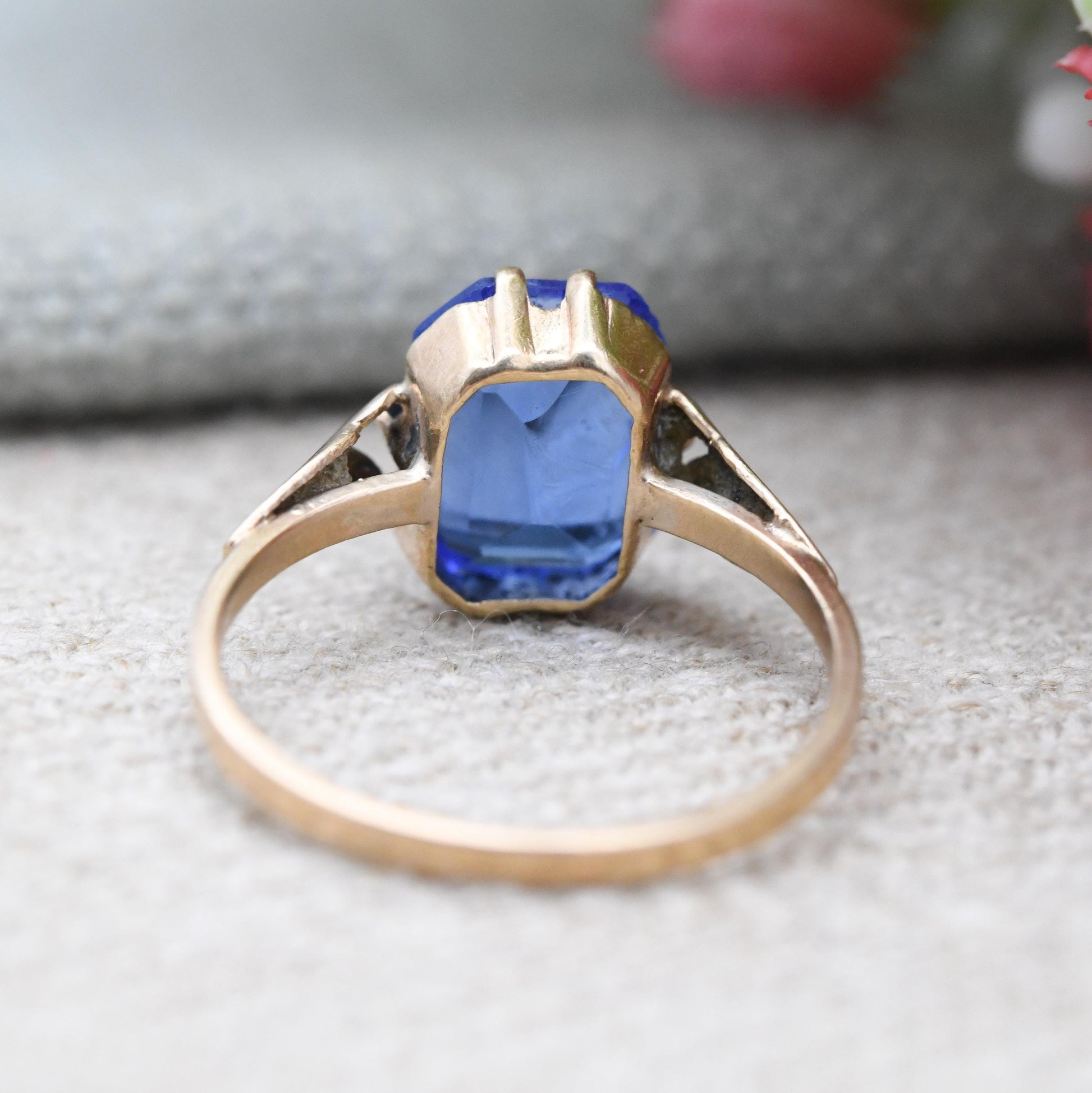 Antique Art Deco 9ct Gold Ring with Blue Paste Stone - c. 1910s Edwardian Era Imitation Sapphire | UK Size - L | US Size - 6