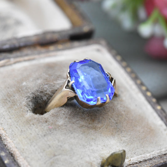 Antique Art Deco 9ct Gold Ring with Blue Paste Stone - c. 1910s Edwardian Era Imitation Sapphire | UK Size - L | US Size - 6