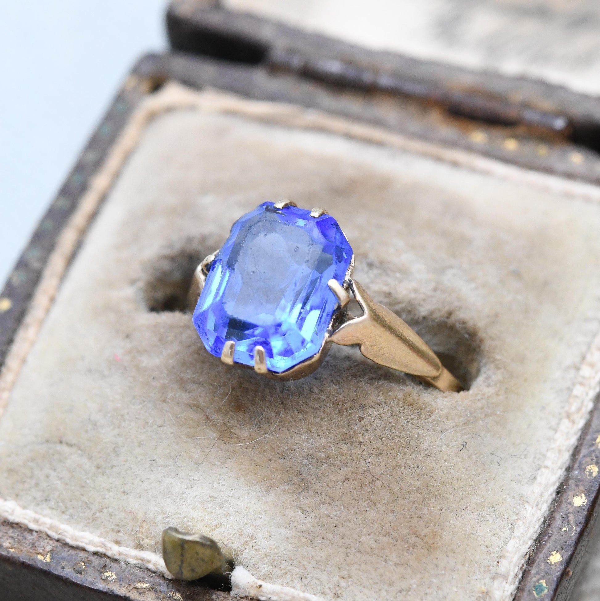 Antique Art Deco 9ct Gold Ring with Blue Paste Stone - c. 1910s Edwardian Era Imitation Sapphire | UK Size - L | US Size - 6