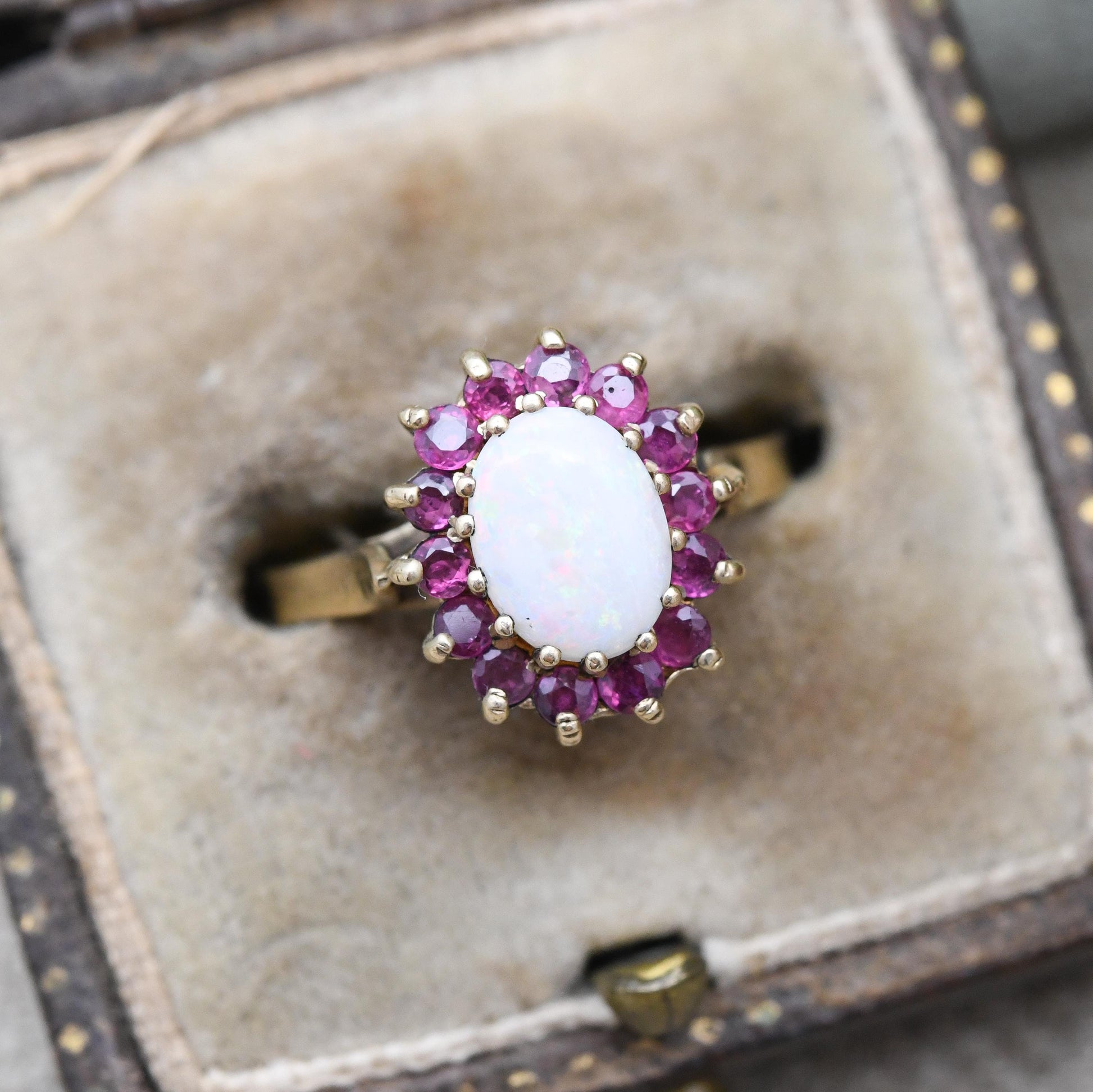 Vintage 9ct Gold Opal and Ruby Halo Ring 1994 - 1990s Edwardian Style | White and Red Gemstone Gift for Her | UK Size - O | US Size - 7