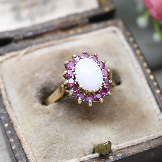 Vintage 9ct Gold Opal and Ruby Halo Ring 1994 - 1990s Edwardian Style | White and Red Gemstone Gift for Her | UK Size - O | US Size - 7