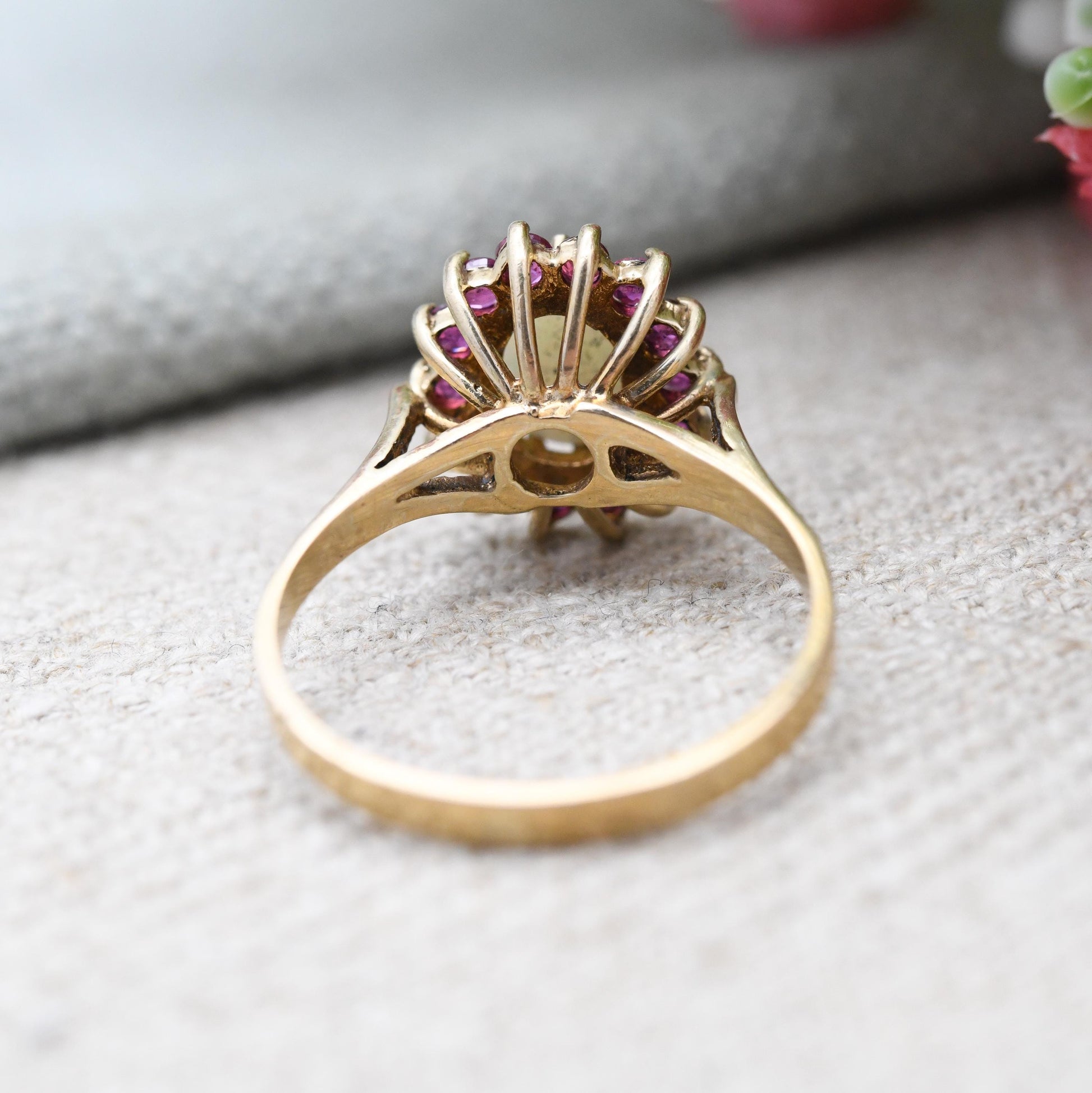 Vintage 9ct Gold Opal and Ruby Halo Ring 1994 - 1990s Edwardian Style | White and Red Gemstone Gift for Her | UK Size - O | US Size - 7