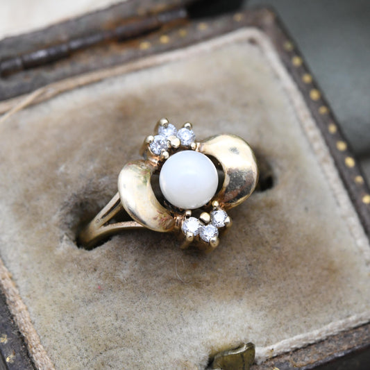 Vintage 9ct Gold Pearl Ring 1993 with CZ Accent Stones by Slade and Kempton S&K - White Cocktail Real Pearl Ring | UK Size - L | US Size - 6