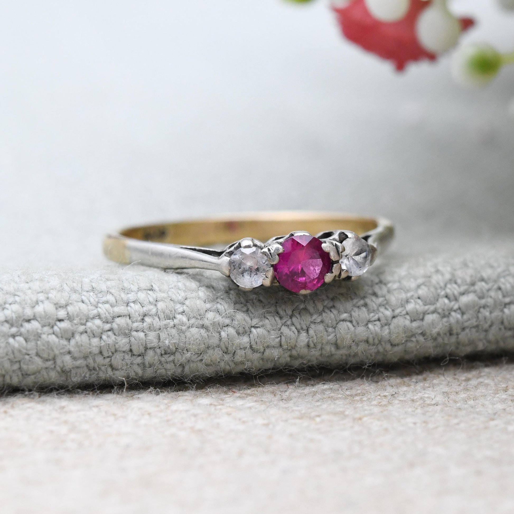 Vintage 9ct Gold Ruby Ring Three Stone with Clear Stones - 20th Century Gold Jewellery Gift for Her | UK Size - P | US Size - 8