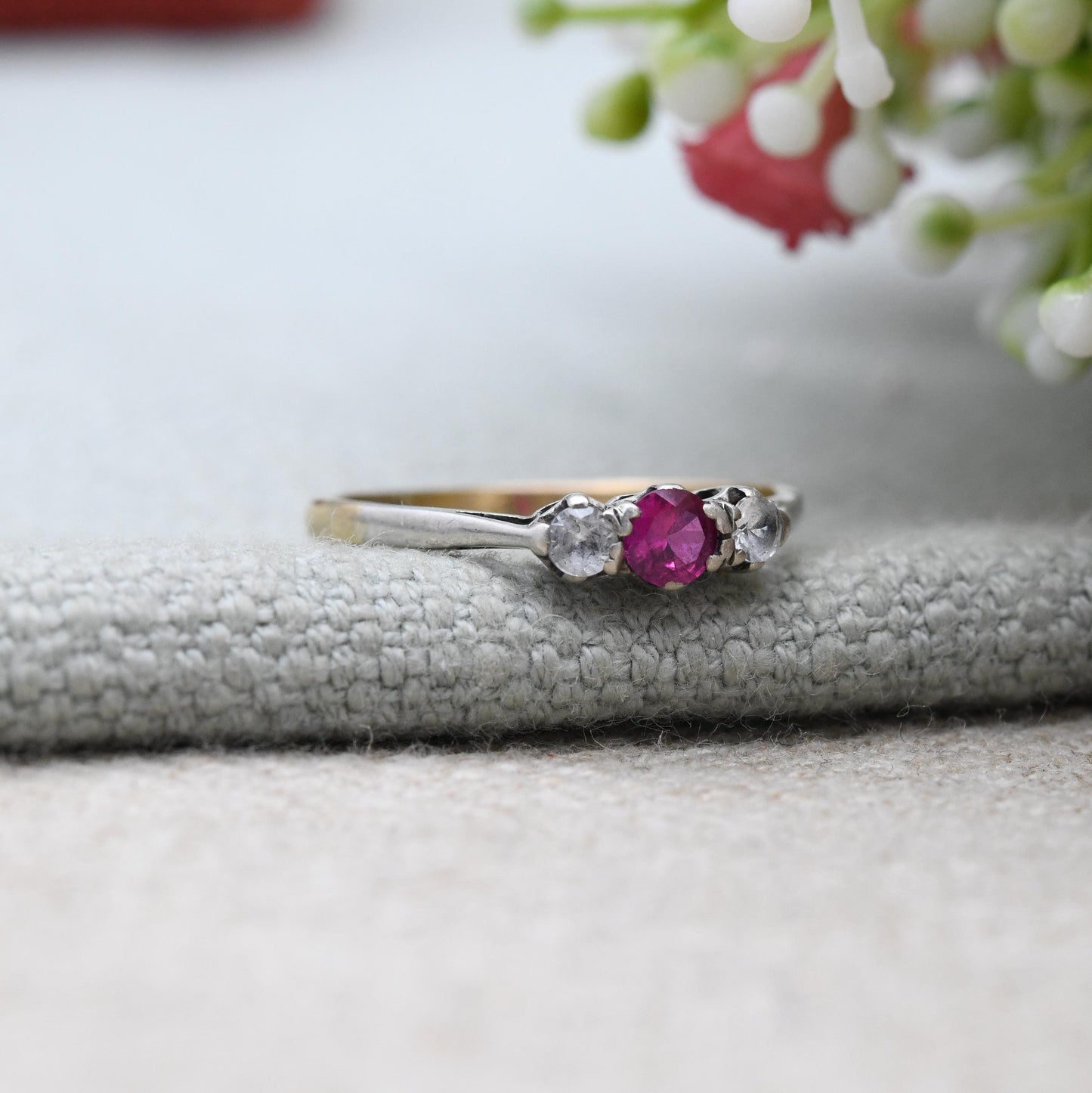 Vintage 9ct Gold Ruby Ring Three Stone with Clear Stones - 20th Century Gold Jewellery Gift for Her | UK Size - P | US Size - 8