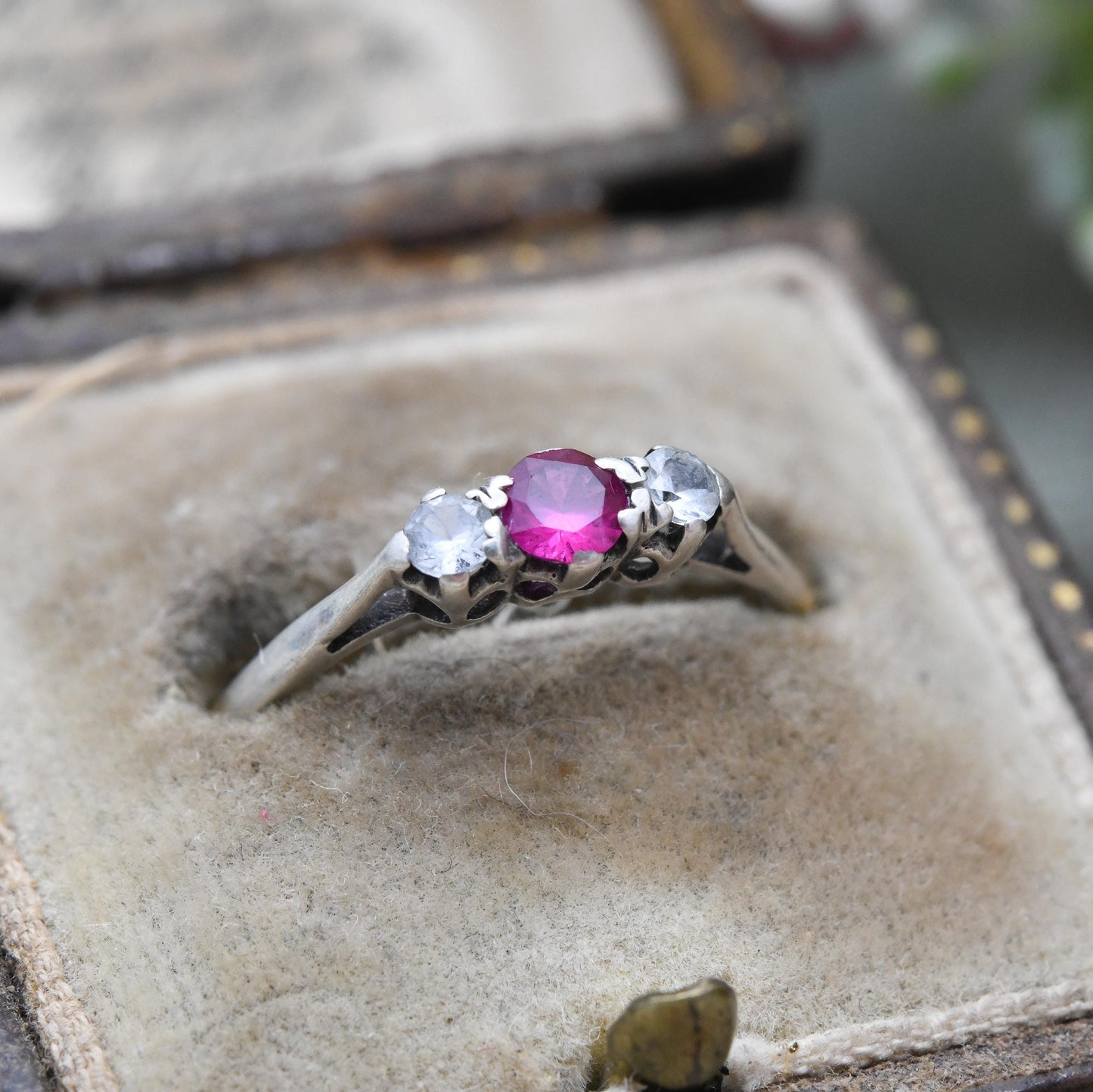 Vintage 9ct Gold Ruby Ring Three Stone with Clear Stones - 20th Century Gold Jewellery Gift for Her | UK Size - P | US Size - 8