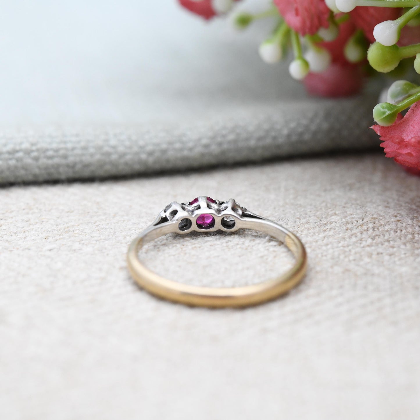 Vintage 9ct Gold Ruby Ring Three Stone with Clear Stones - 20th Century Gold Jewellery Gift for Her | UK Size - P | US Size - 8