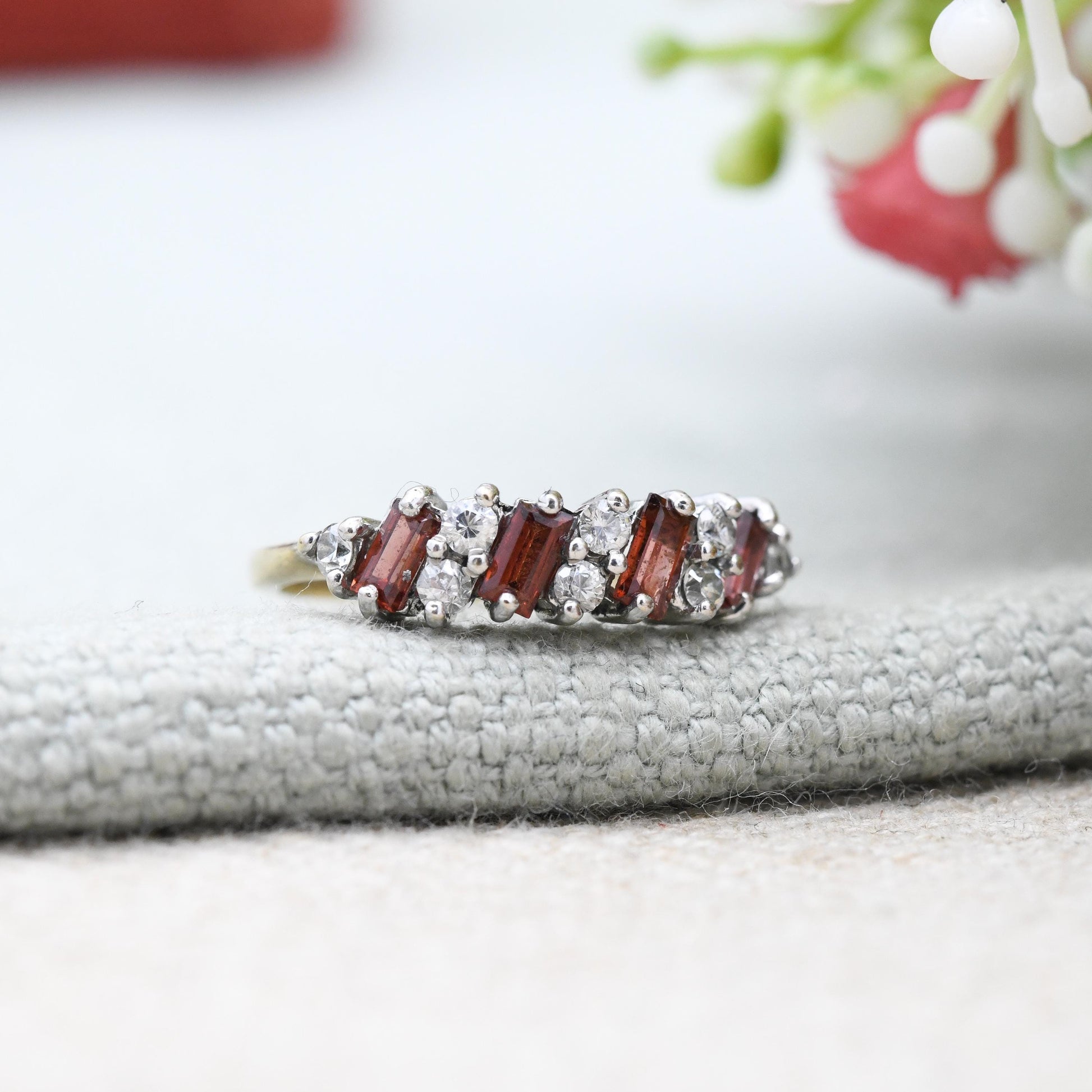 Vintage 9ct Gold Garnet Ring 1989 - Baguette Cut Red Gemstone Half Hoop Ring Stack | UK Size - M | US Size - 6