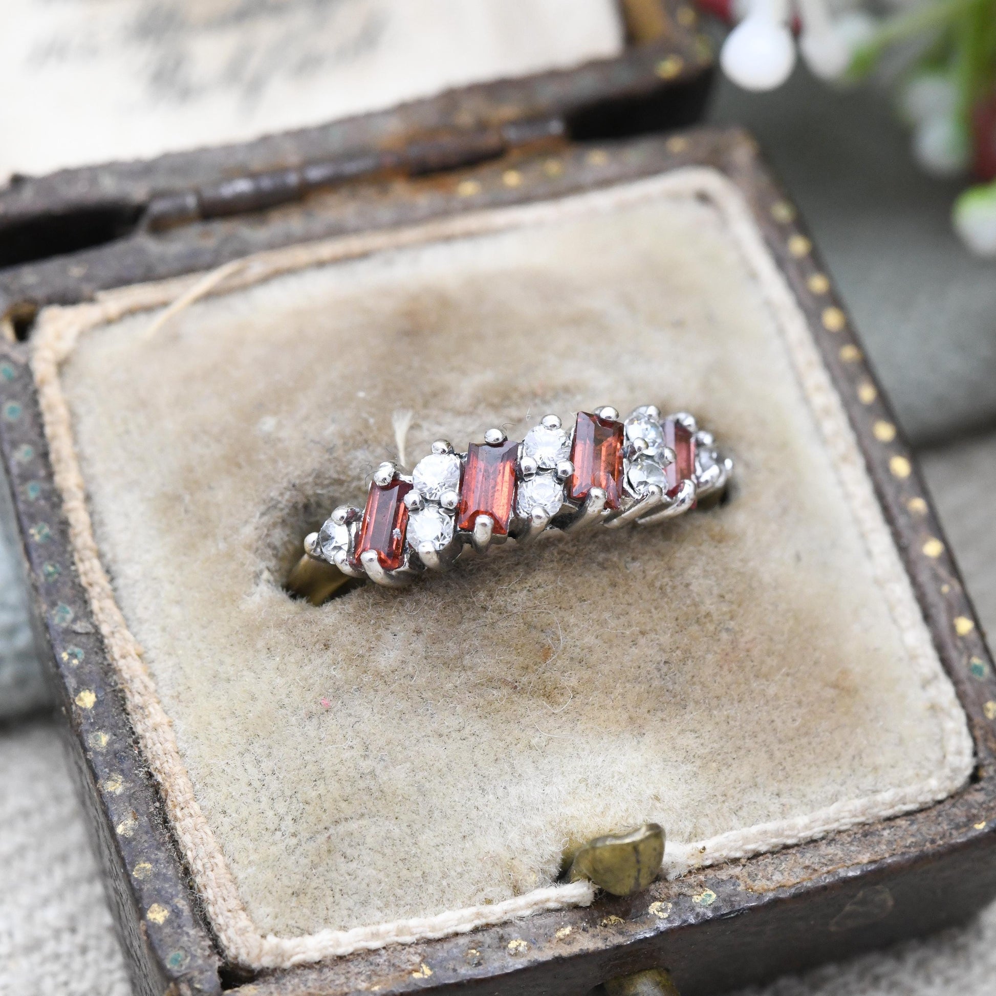 Vintage 9ct Gold Garnet Ring 1989 - Baguette Cut Red Gemstone Half Hoop Ring Stack | UK Size - M | US Size - 6