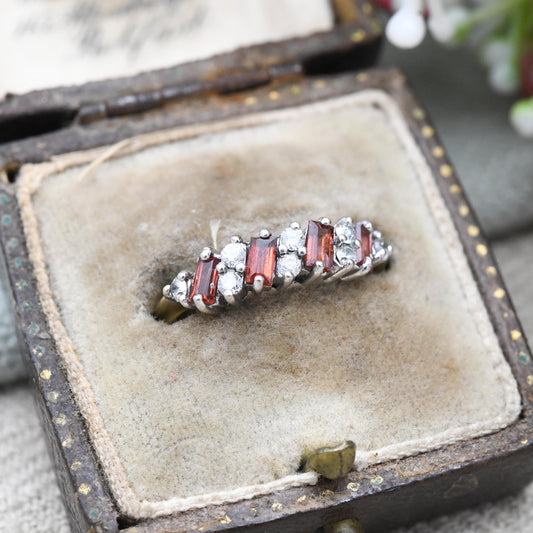 Vintage 9ct Gold Garnet Ring 1989 - Baguette Cut Red Gemstone Half Hoop Ring Stack | UK Size - M | US Size - 6