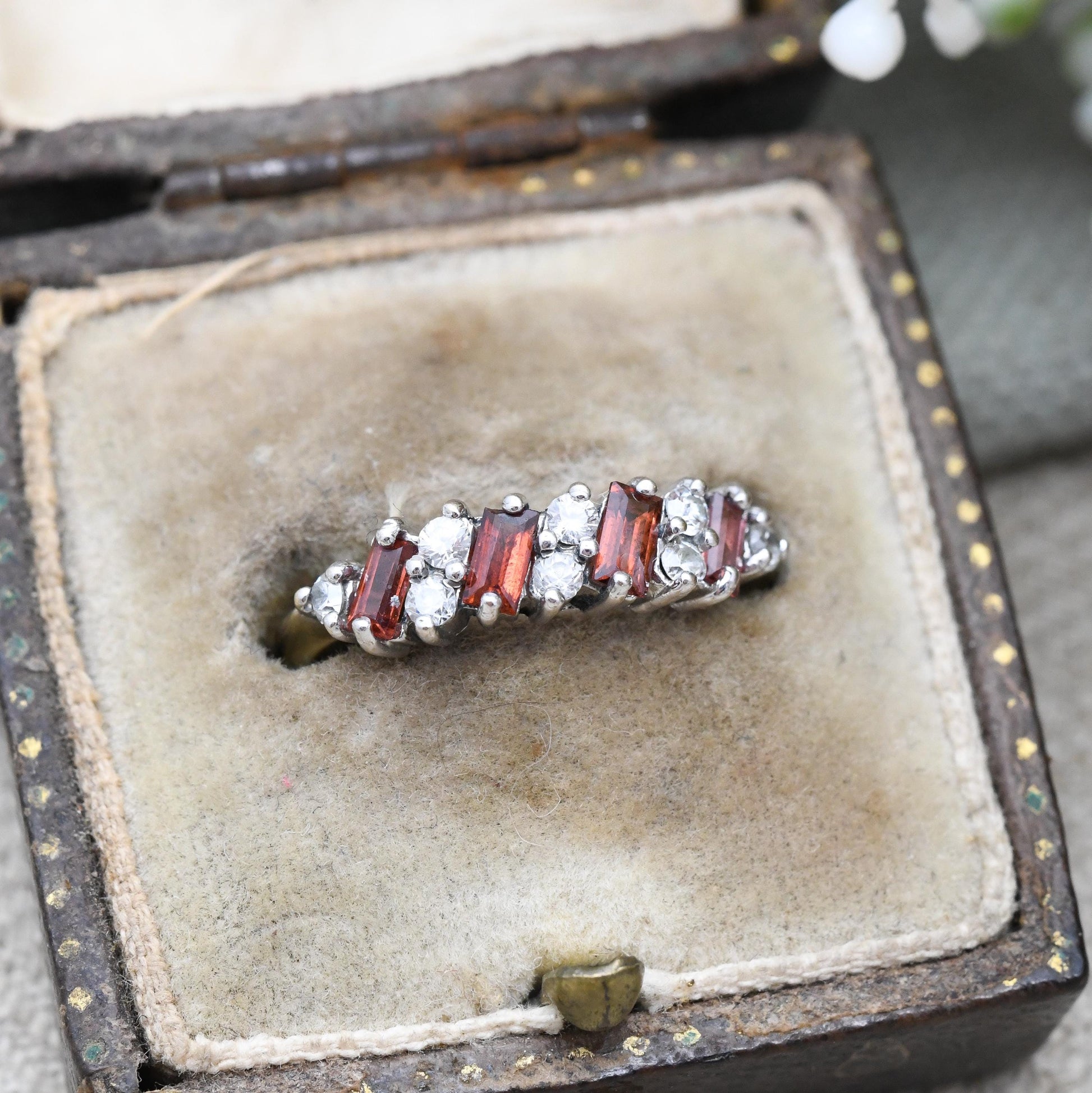 Vintage 9ct Gold Garnet Ring 1989 - Baguette Cut Red Gemstone Half Hoop Ring Stack | UK Size - M | US Size - 6