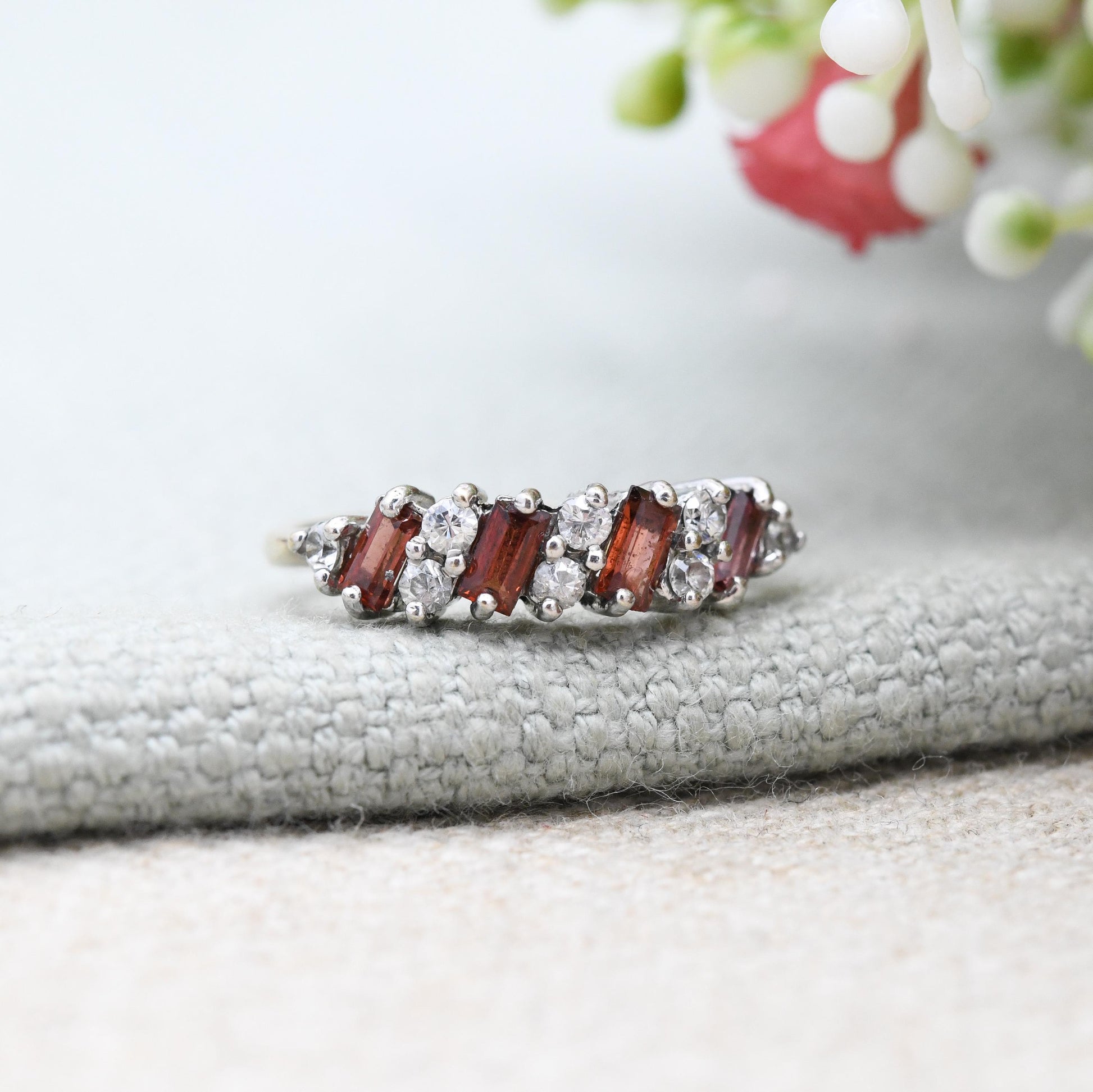 Vintage 9ct Gold Garnet Ring 1989 - Baguette Cut Red Gemstone Half Hoop Ring Stack | UK Size - M | US Size - 6