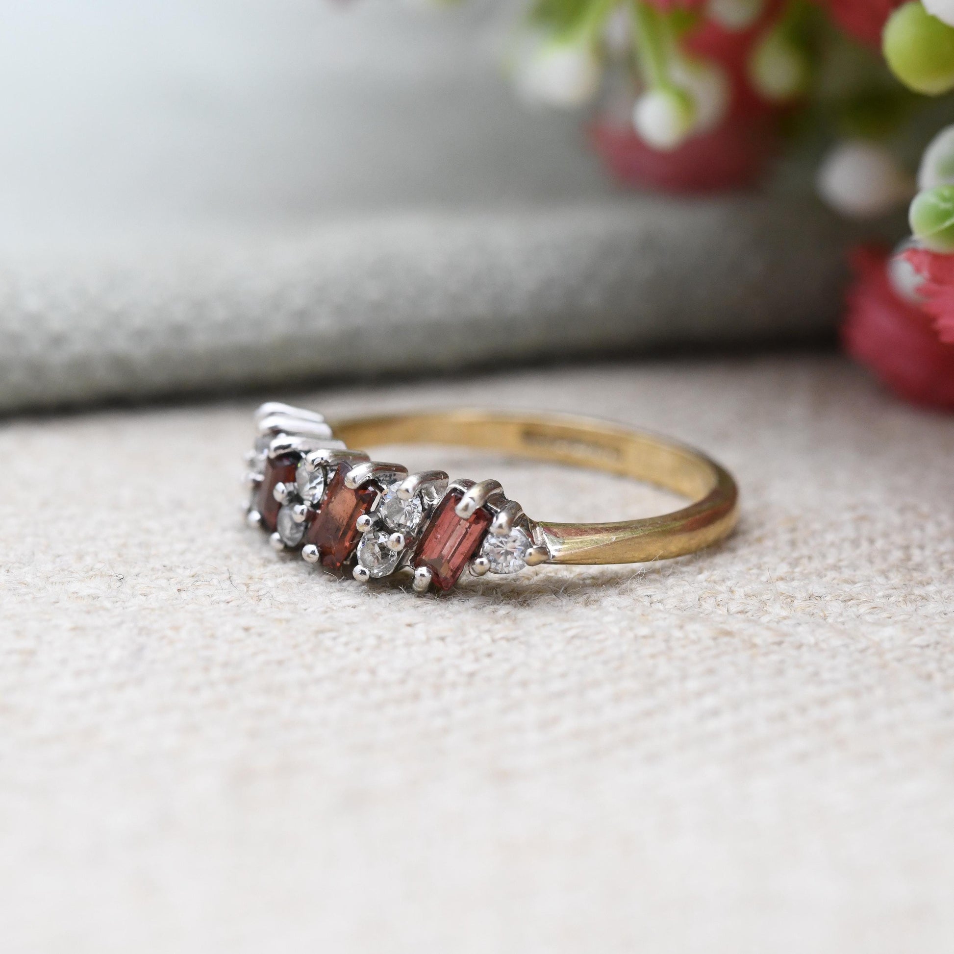 Vintage 9ct Gold Garnet Ring 1989 - Baguette Cut Red Gemstone Half Hoop Ring Stack | UK Size - M | US Size - 6