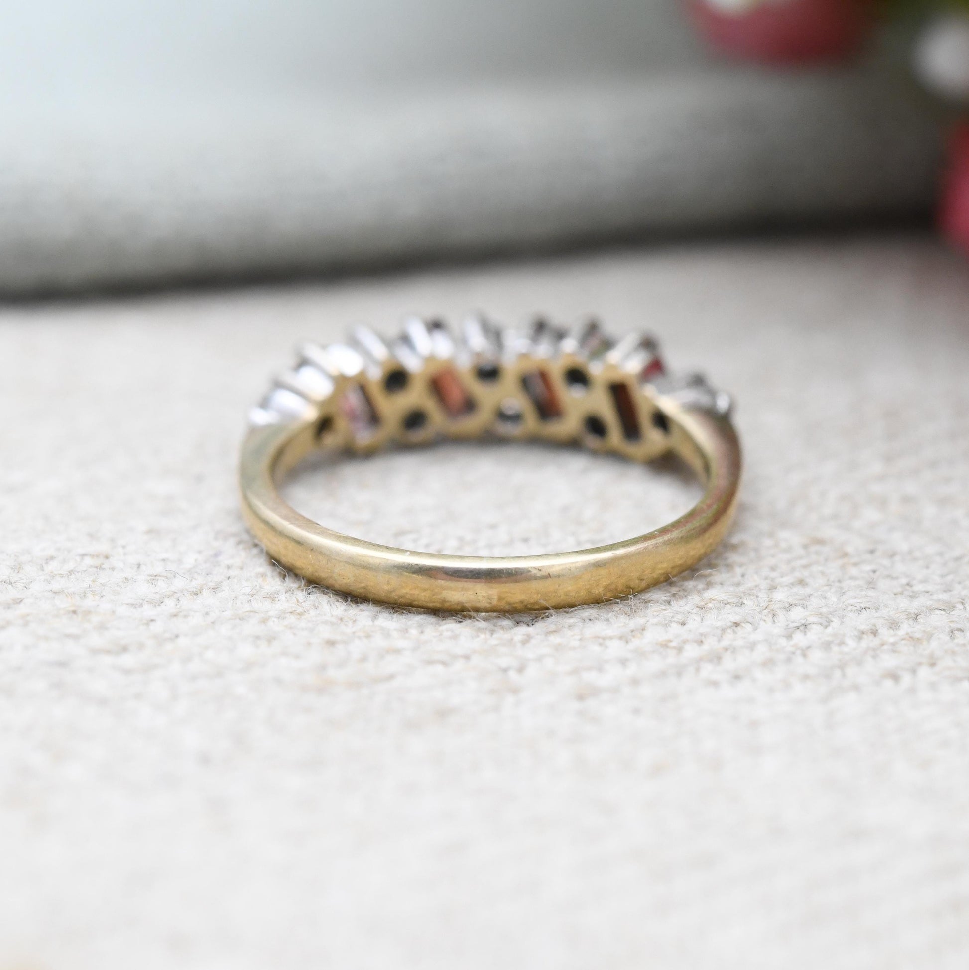 Vintage 9ct Gold Garnet Ring 1989 - Baguette Cut Red Gemstone Half Hoop Ring Stack | UK Size - M | US Size - 6