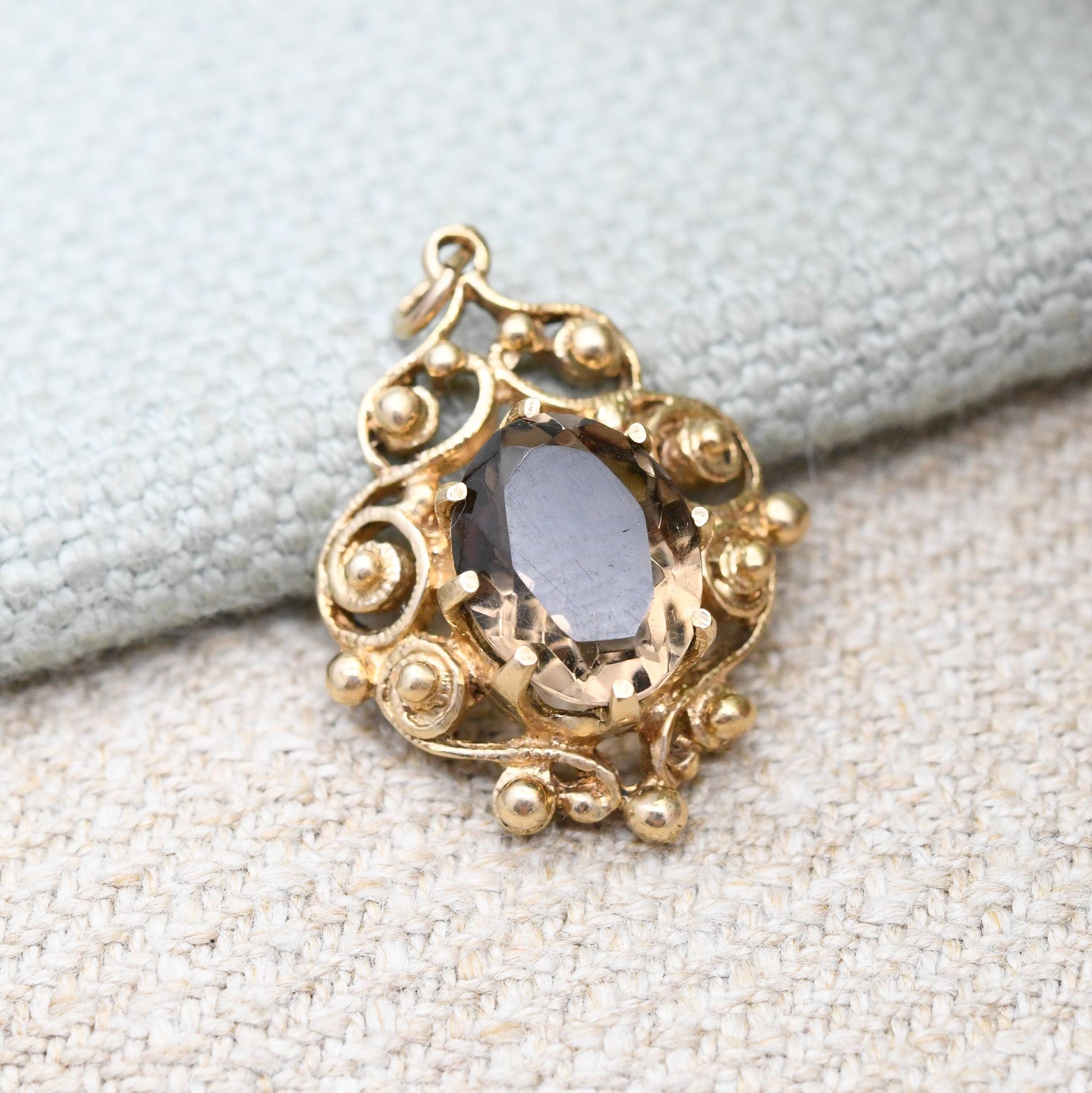 Vintage 9ct Gold Smoky Quartz Pendant 1977 - Ornate Large Gemstone Necklace Charm Pendant | Antique Style