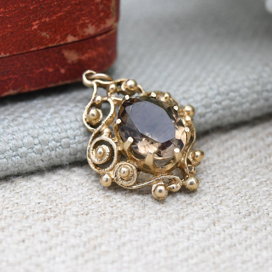 Vintage 9ct Gold Smoky Quartz Pendant 1977 - Ornate Large Gemstone Necklace Charm Pendant | Antique Style