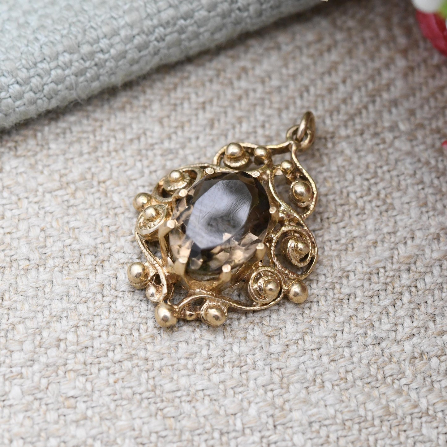 Vintage 9ct Gold Smoky Quartz Pendant 1977 - Ornate Large Gemstone Necklace Charm Pendant | Antique Style