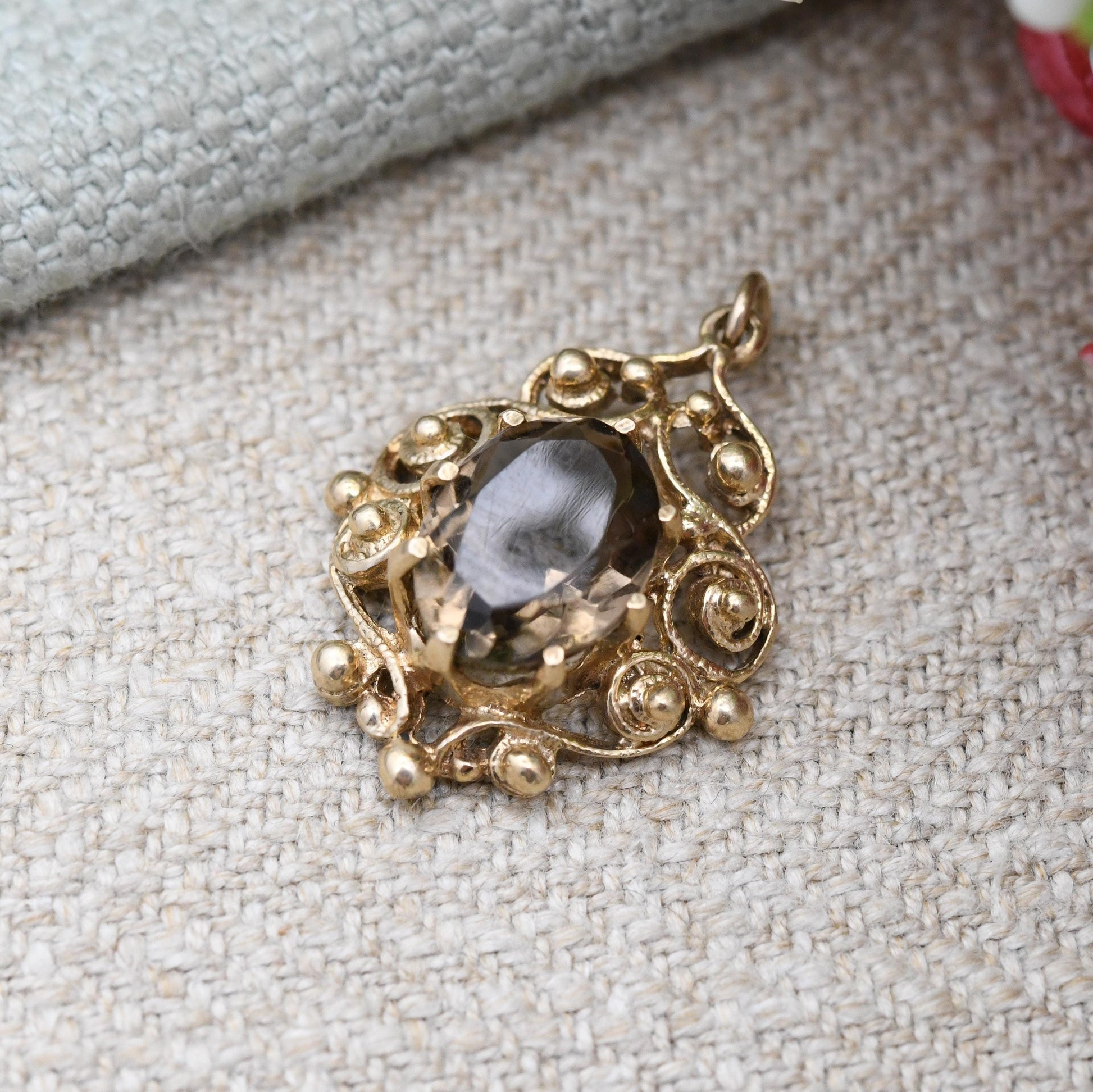 Vintage 9ct Gold Smoky Quartz Pendant 1977 - Ornate Large Gemstone Necklace Charm Pendant | Antique Style