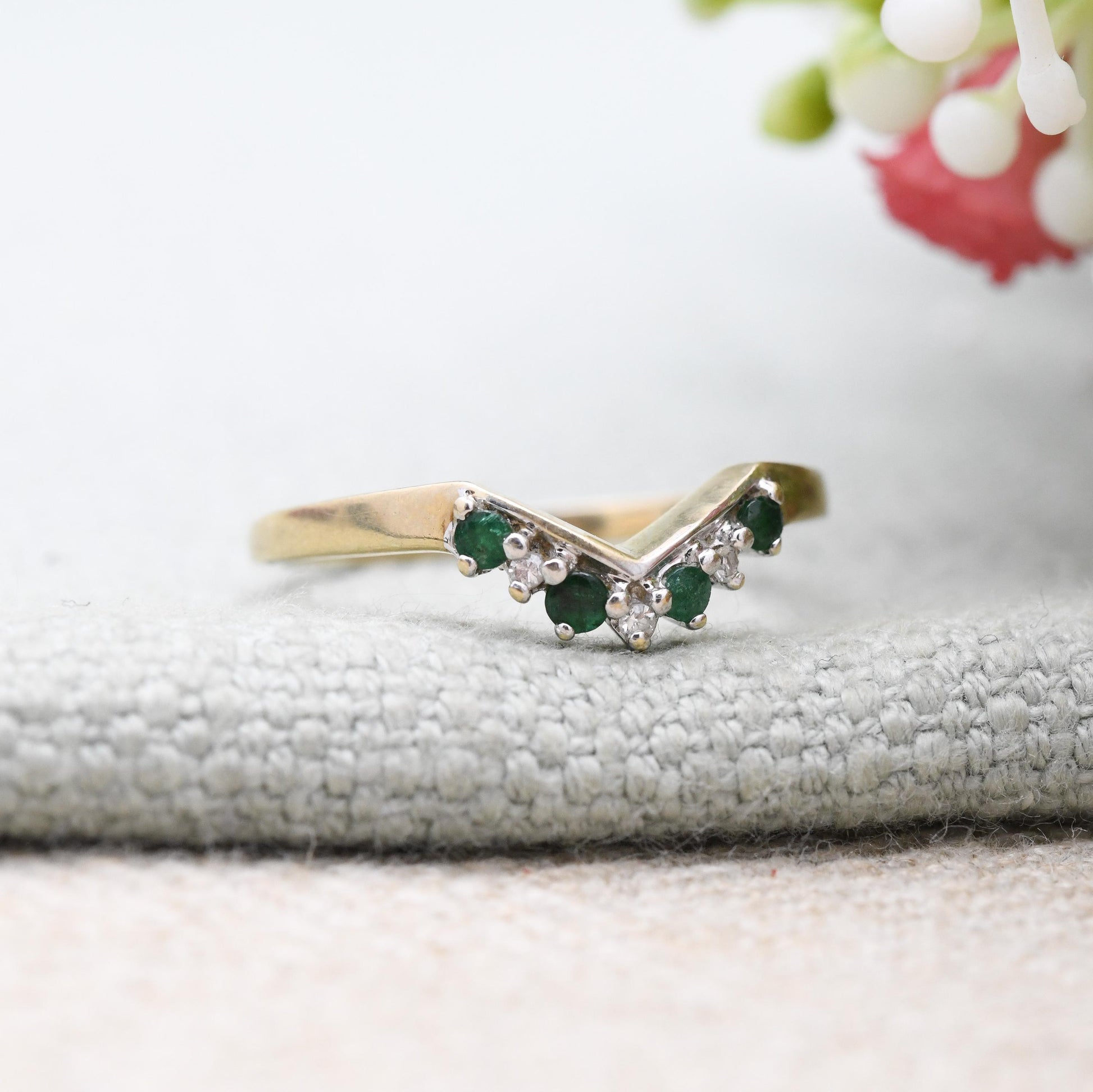 Vintage 9ct Gold Emerald Diamond Wishbone Ring QVC 1998 - Green Clear Gemstone Stacking Ring | April May | UK Size - P 1/2 | US Size - 8