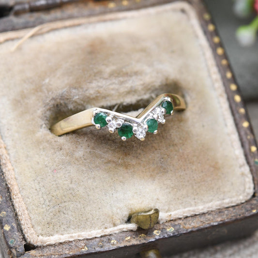 Vintage 9ct Gold Emerald Diamond Wishbone Ring QVC 1998 - Green Clear Gemstone Stacking Ring | April May | UK Size - P 1/2 | US Size - 8