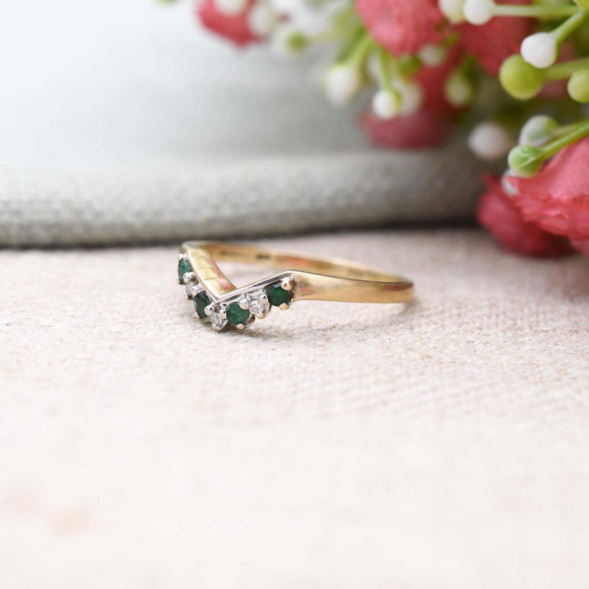 Vintage 9ct Gold Emerald Diamond Wishbone Ring QVC 1998 - Green Clear Gemstone Stacking Ring | April May | UK Size - P 1/2 | US Size - 8