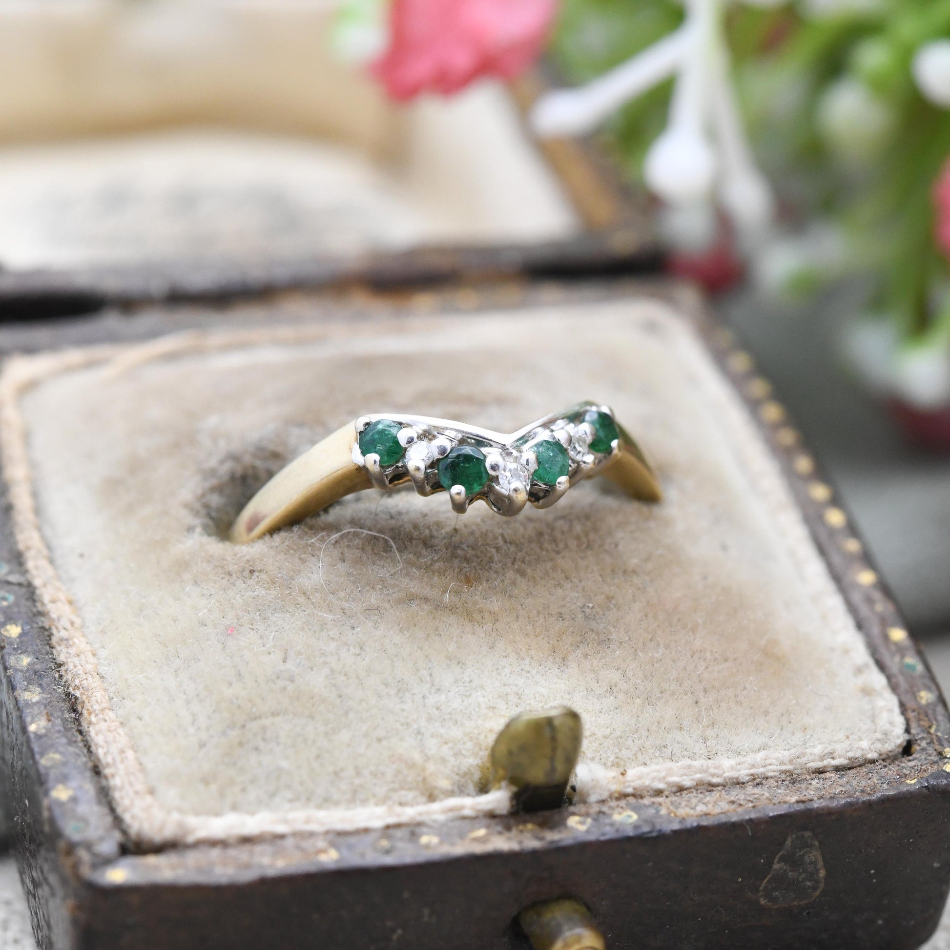 Vintage 9ct Gold Emerald Diamond Wishbone Ring QVC 1998 - Green Clear Gemstone Stacking Ring | April May | UK Size - P 1/2 | US Size - 8