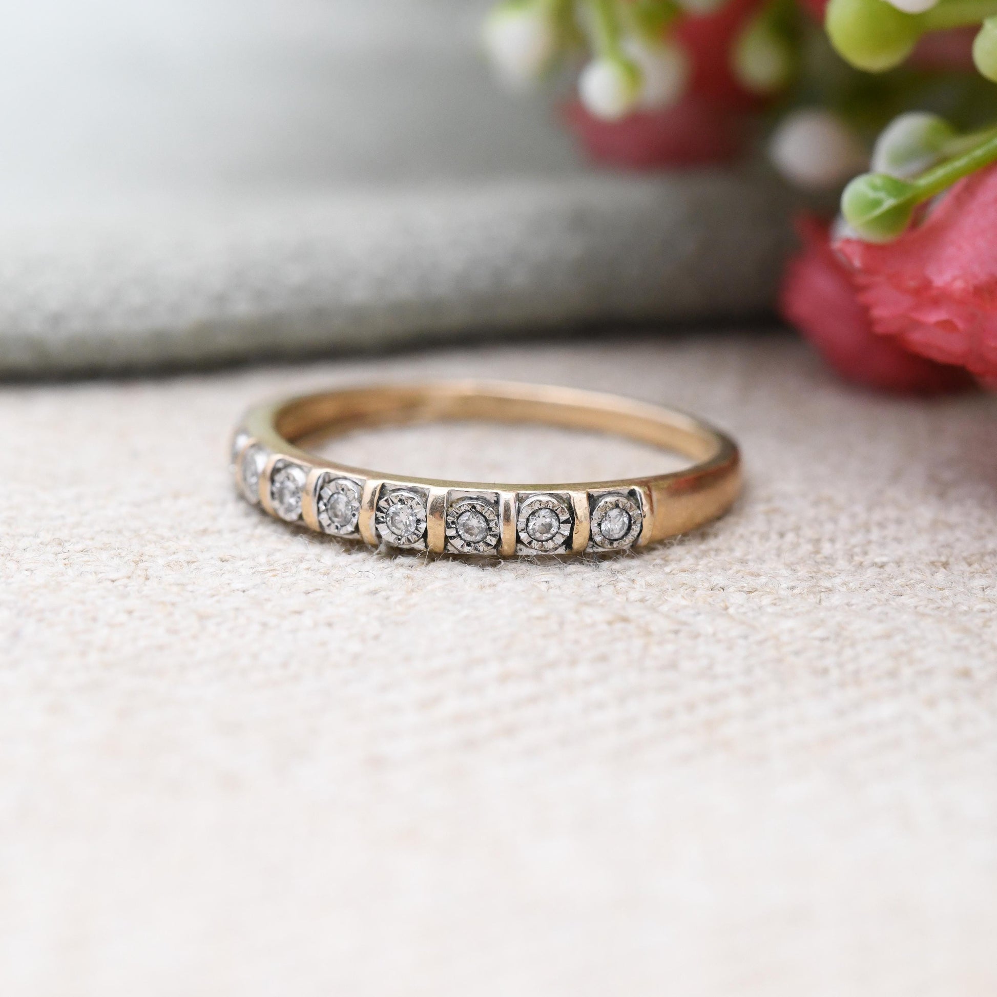 Vintage 9ct Gold Diamond Half Eternity Ring - Flush Illusion Stones Half Hoop Ring Stacking Diamond Ring Gift | UK Size - R US Size - 8 3/4
