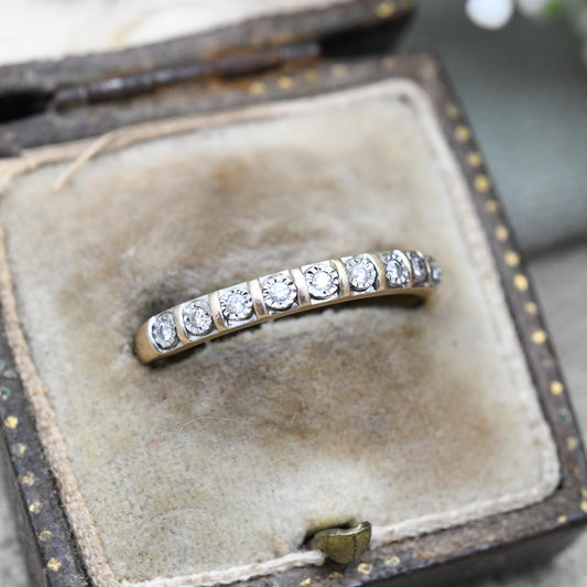 Vintage 9ct Gold Diamond Half Eternity Ring - Flush Illusion Stones Half Hoop Ring Stacking Diamond Ring Gift | UK Size - R US Size - 8 3/4