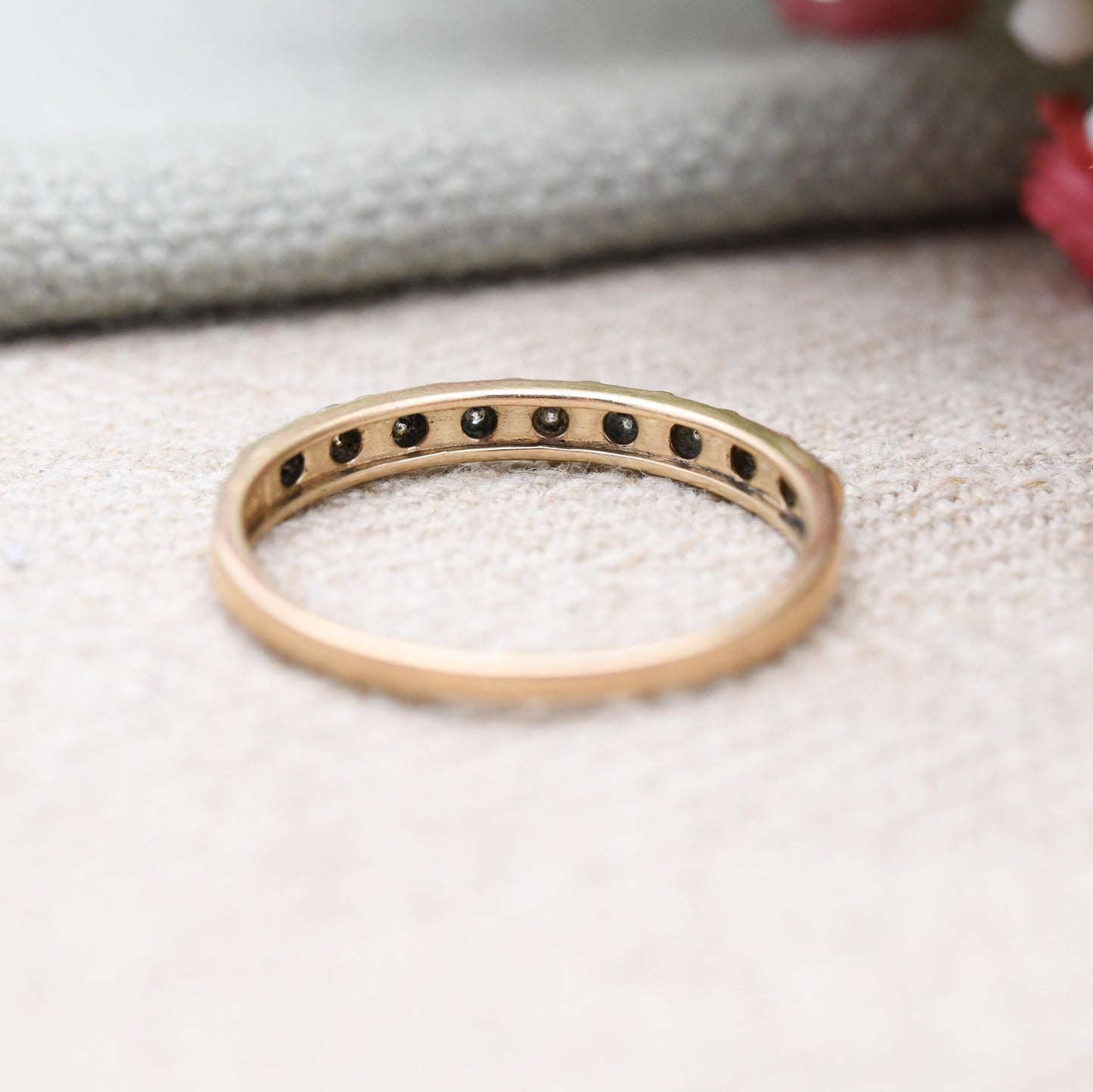 Vintage 9ct Gold Diamond Half Eternity Ring - Flush Illusion Stones Half Hoop Ring Stacking Diamond Ring Gift | UK Size - R US Size - 8 3/4