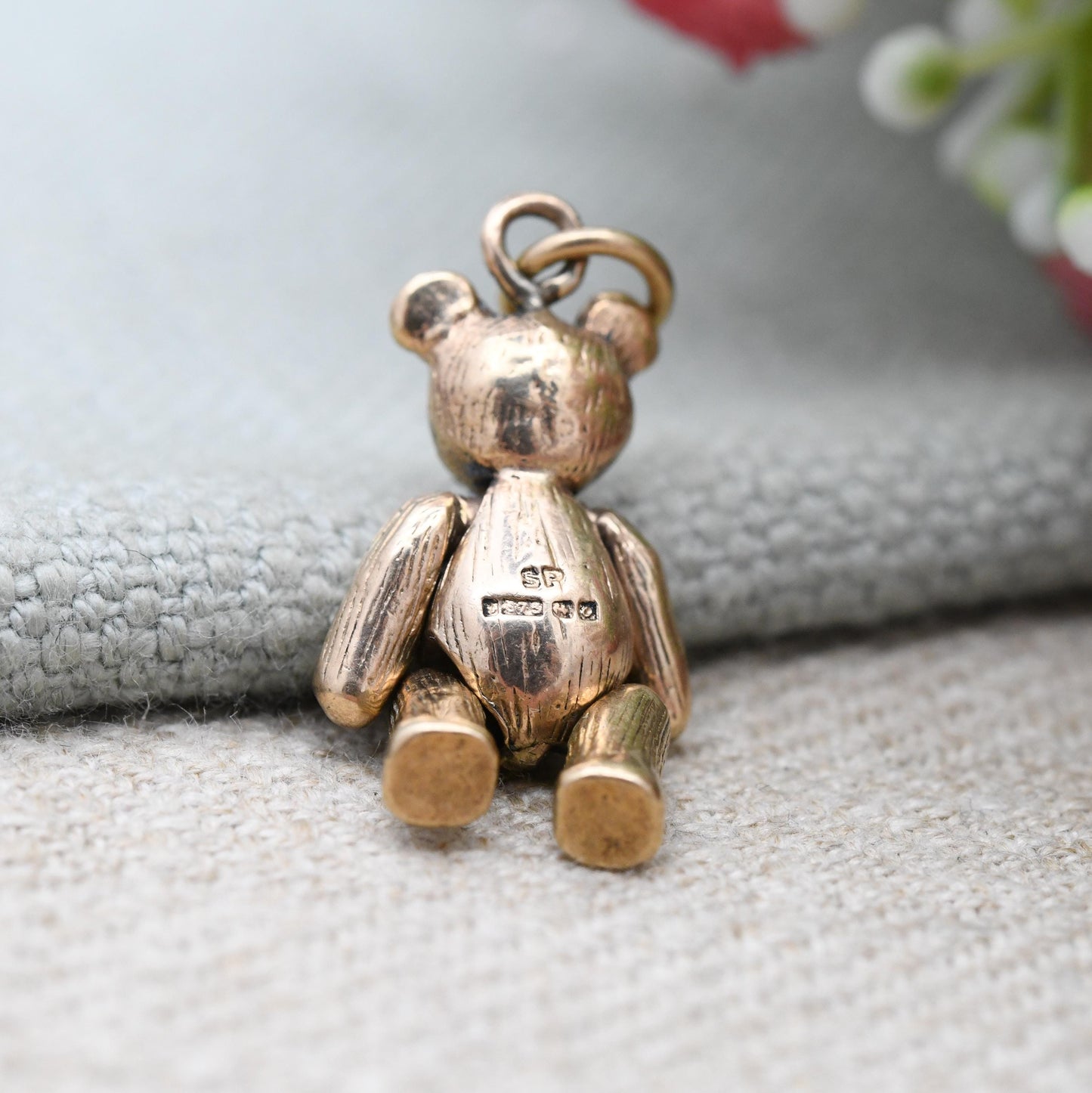 Vintage 9ct Gold Articulated Bear Charm Pendant with Clear Stone Eyes - Mechanical Doll Charm Moving Limbs | Textured Fur