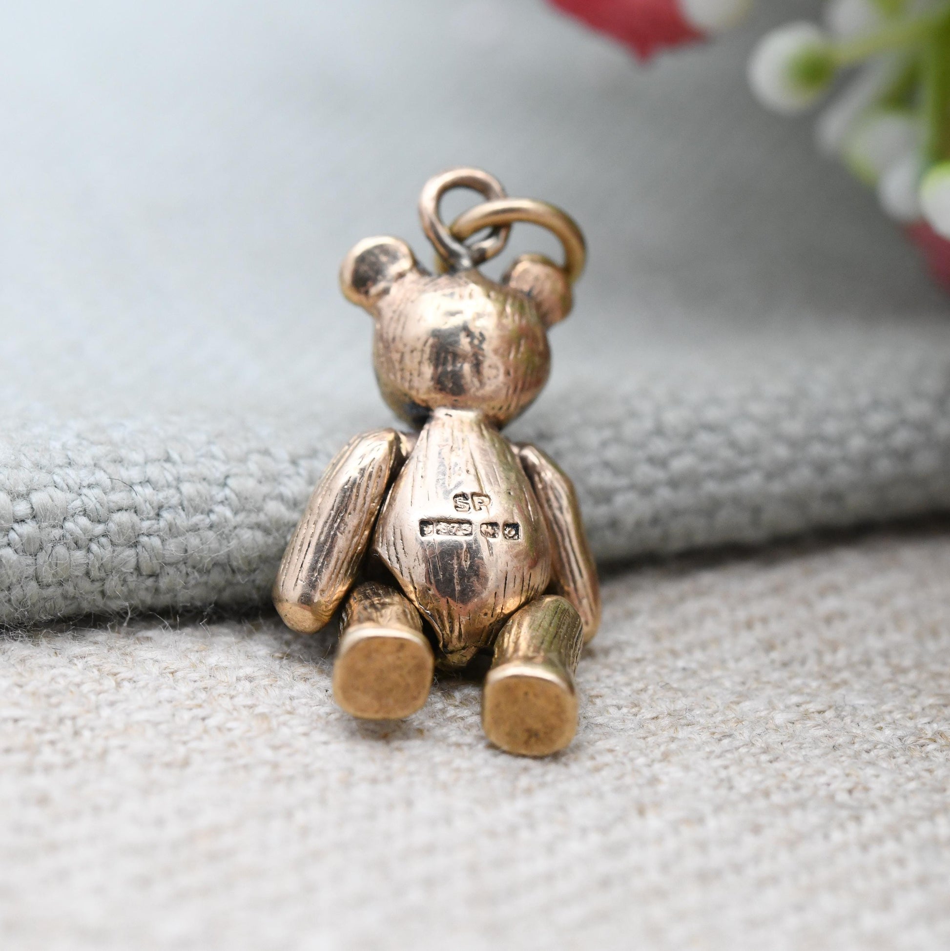 Vintage 9ct Gold Articulated Bear Charm Pendant with Clear Stone Eyes - Mechanical Doll Charm Moving Limbs | Textured Fur