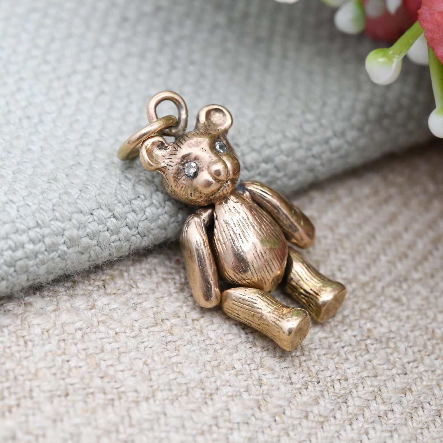 Vintage 9ct Gold Articulated Bear Charm Pendant with Clear Stone Eyes - Mechanical Doll Charm Moving Limbs | Textured Fur