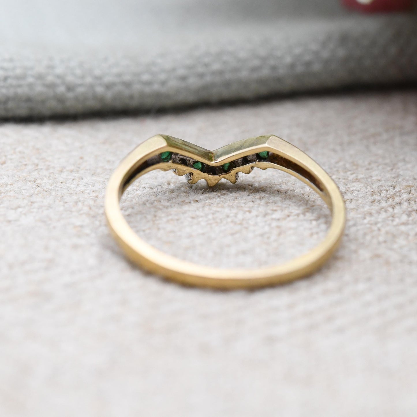 Vintage 9ct Gold Emerald Diamond Wishbone Ring QVC 1998 - Green and Clear Gemstone Stacking Ring | April May | UK Size - P 1/2 | US Size - 8
