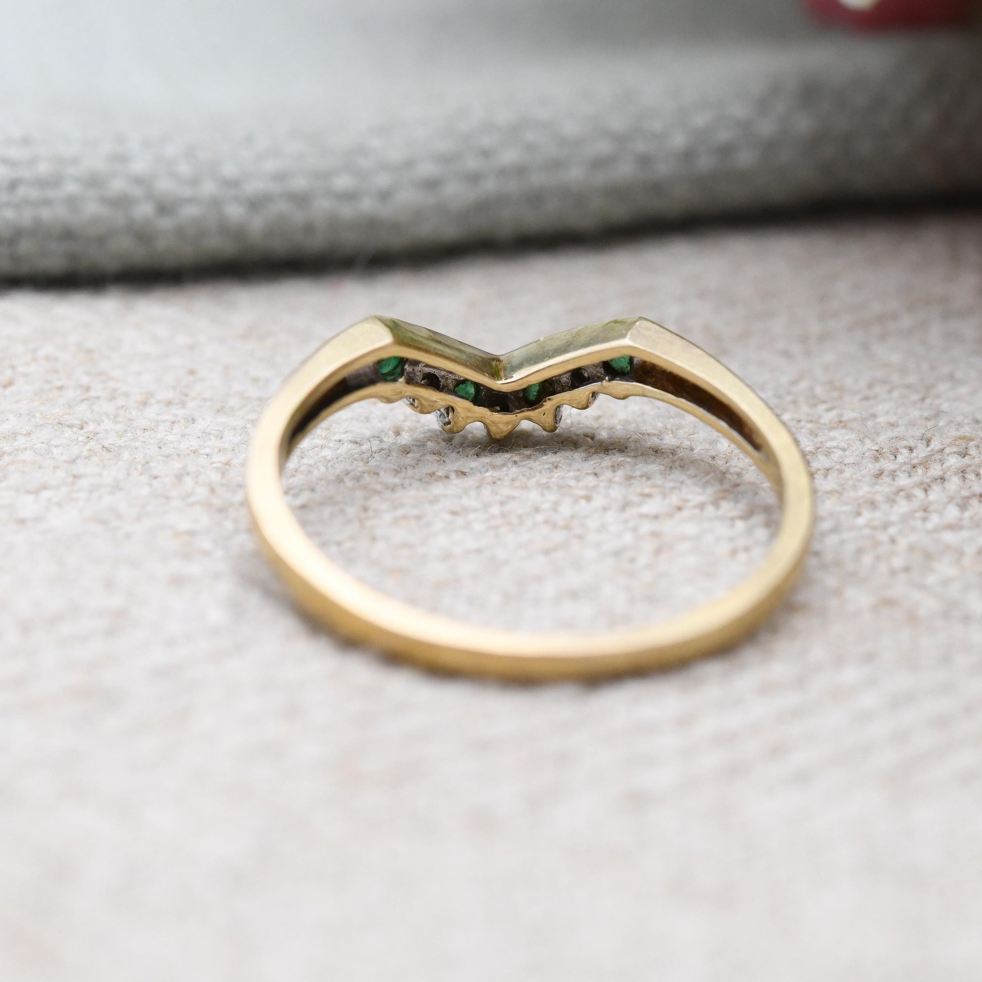 Vintage 9ct Gold Emerald Diamond Wishbone Ring QVC 1998 - Green and Clear Gemstone Stacking Ring | April May | UK Size - P 1/2 | US Size - 8