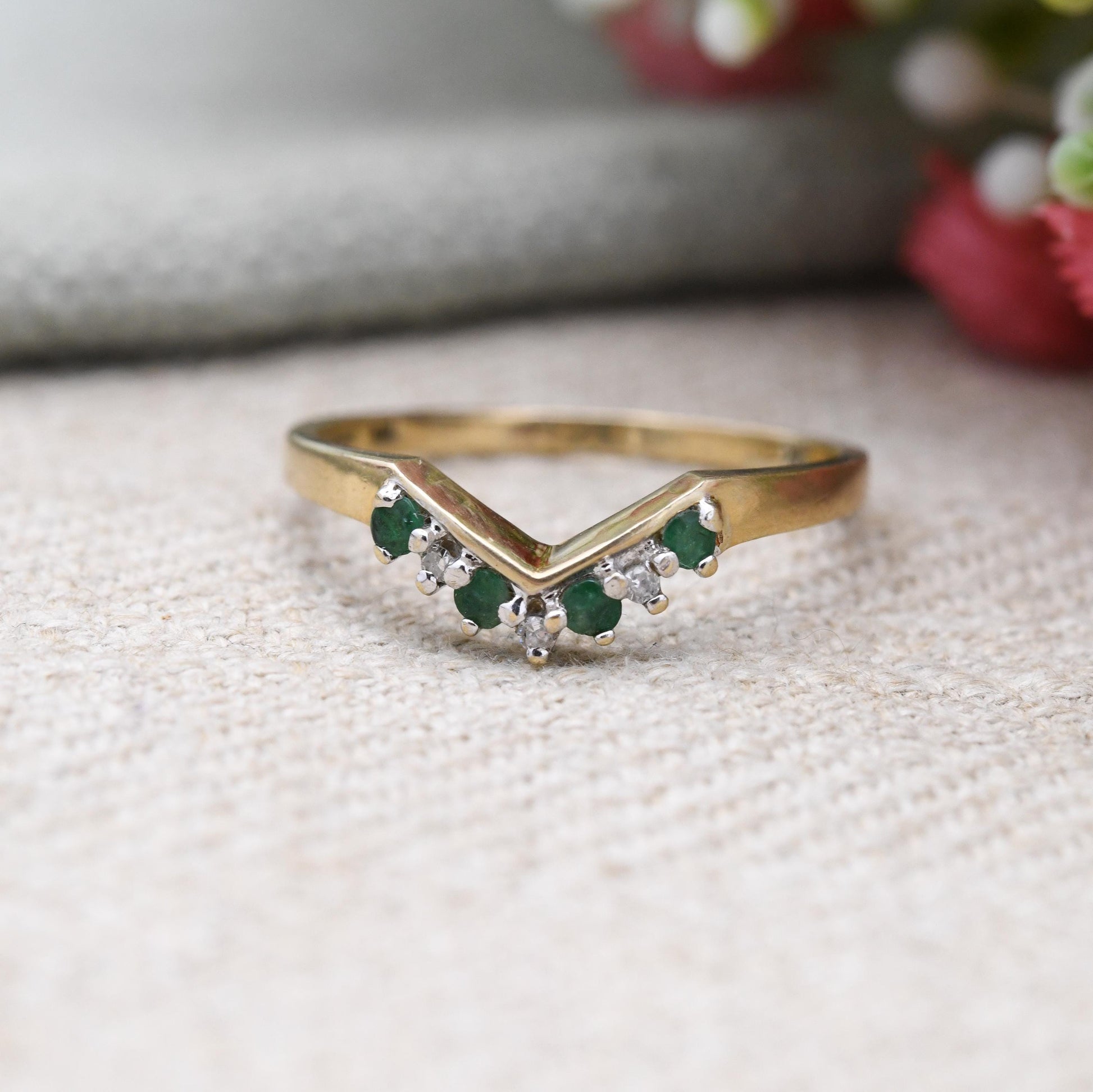 Vintage 9ct Gold Emerald Diamond Wishbone Ring QVC 1998 - Green and Clear Gemstone Stacking Ring | April May | UK Size - P 1/2 | US Size - 8