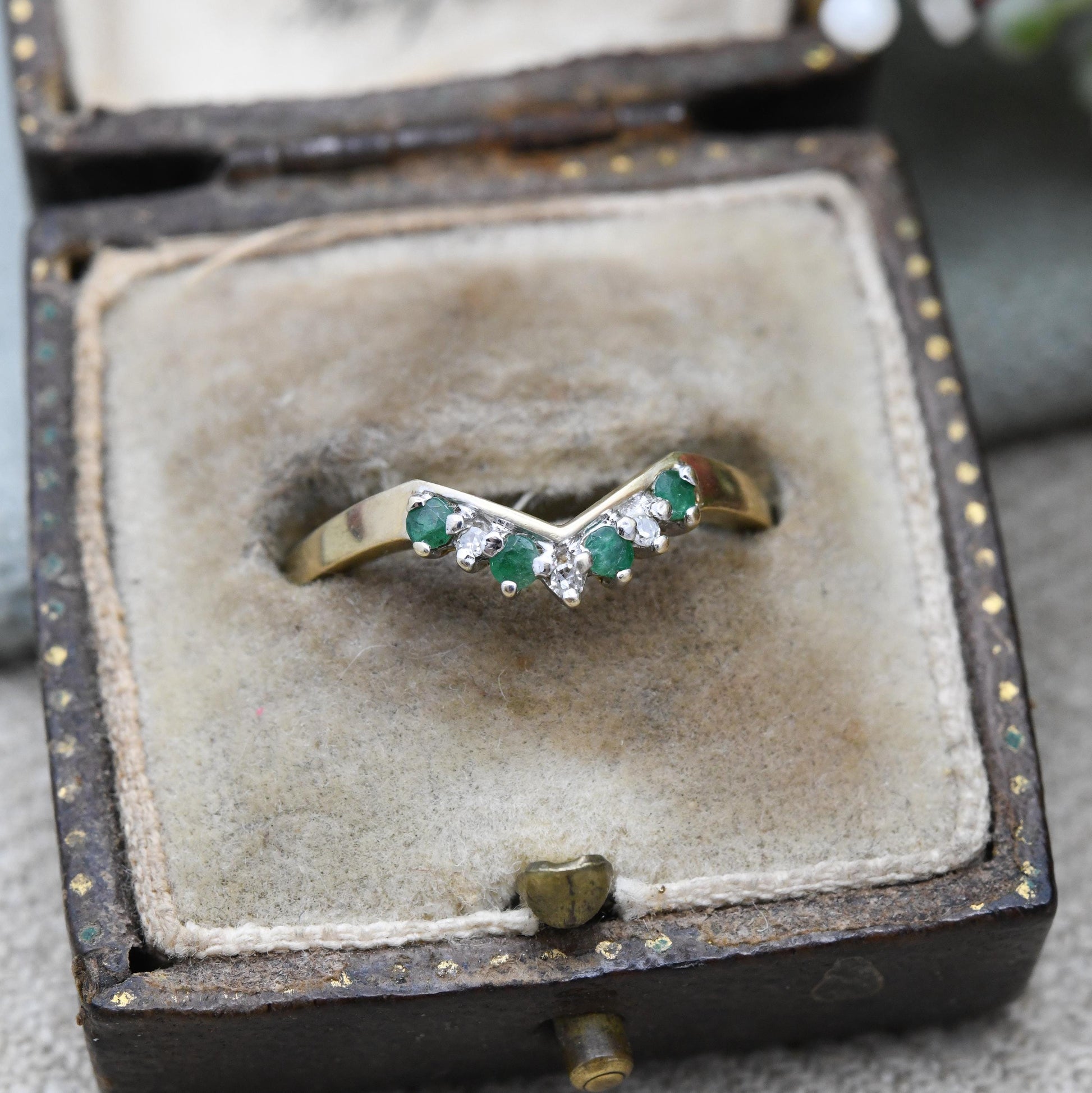 Vintage 9ct Gold Emerald Diamond Wishbone Ring QVC 1998 - Green and Clear Gemstone Stacking Ring | April May | UK Size - P 1/2 | US Size - 8