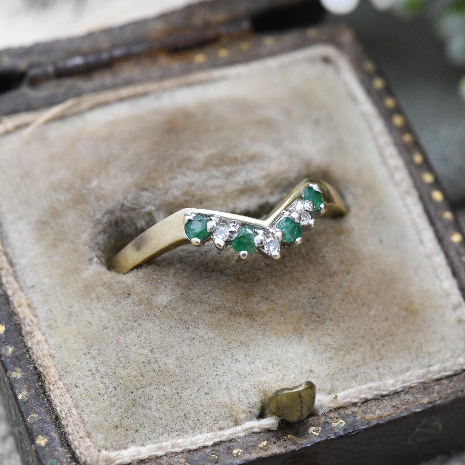 Vintage 9ct Gold Emerald Diamond Wishbone Ring QVC 1998 - Green and Clear Gemstone Stacking Ring | April May | UK Size - P 1/2 | US Size - 8