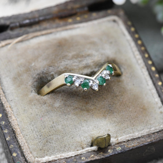 Vintage 9ct Gold Emerald Diamond Wishbone Ring QVC 1998 - Green and Clear Gemstone Stacking Ring | April May | UK Size - P 1/2 | US Size - 8