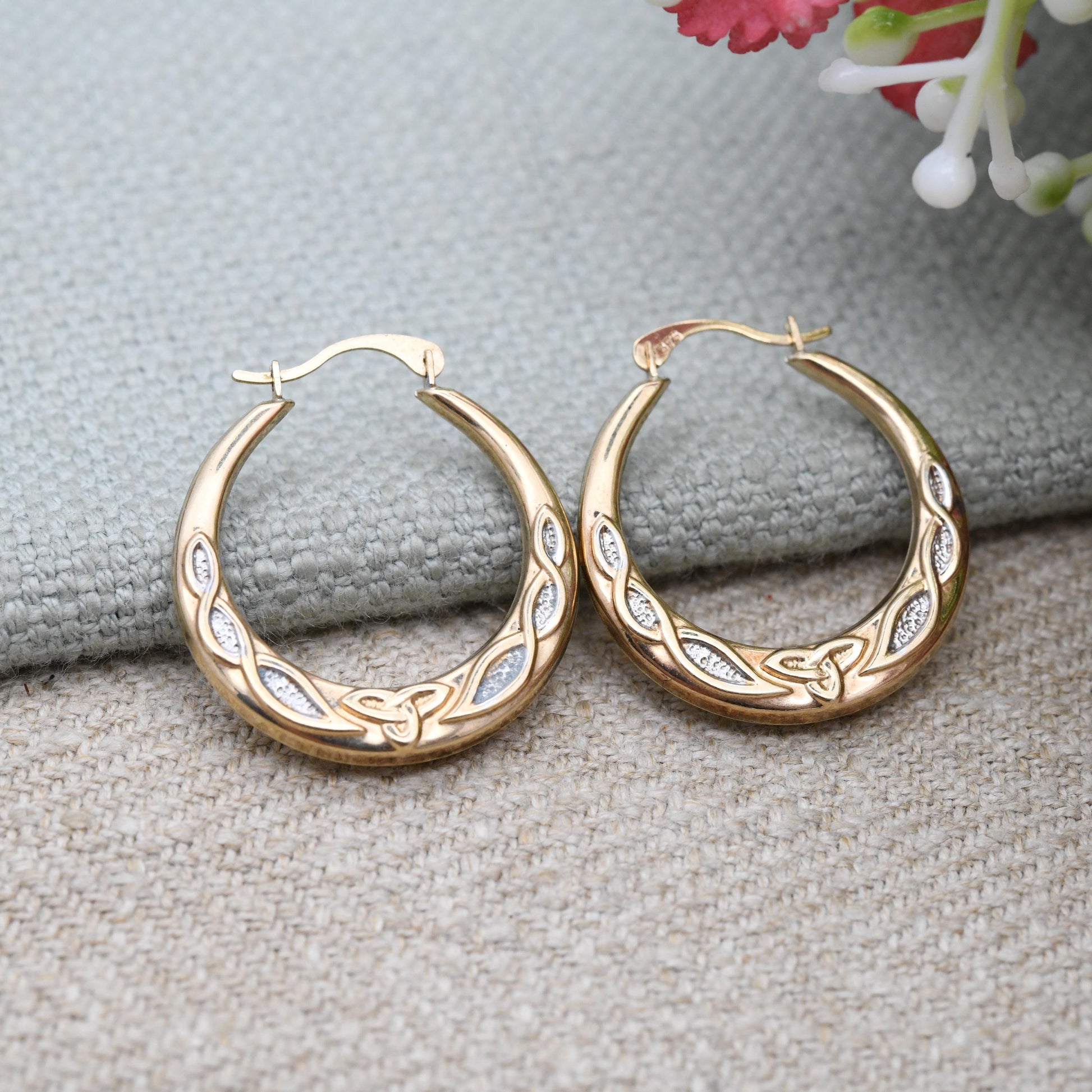9ct Gold Celtic Hoop Earrings - Two-Tone Triquetra Twist Design | Hollow Hoops | Yellow and White Gold | Pretty Gold Jewellery Gift for Her