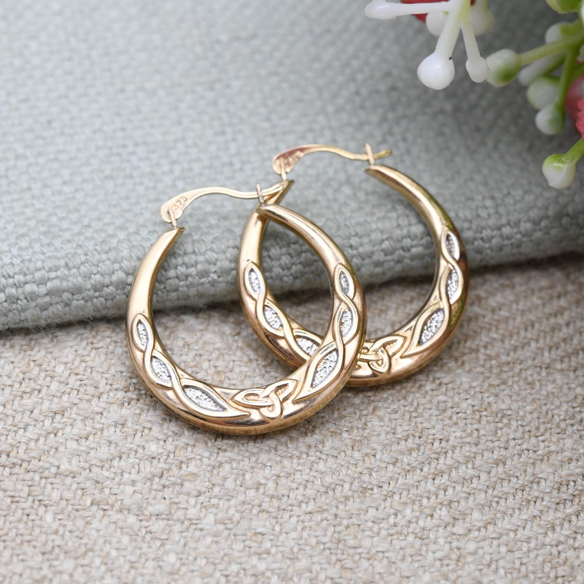 9ct Gold Celtic Hoop Earrings - Two-Tone Triquetra Twist Design | Hollow Hoops | Yellow and White Gold | Pretty Gold Jewellery Gift for Her