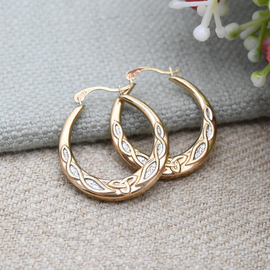 9ct Gold Celtic Hoop Earrings - Two-Tone Triquetra Twist Design | Hollow Hoops | Yellow and White Gold | Pretty Gold Jewellery Gift for Her