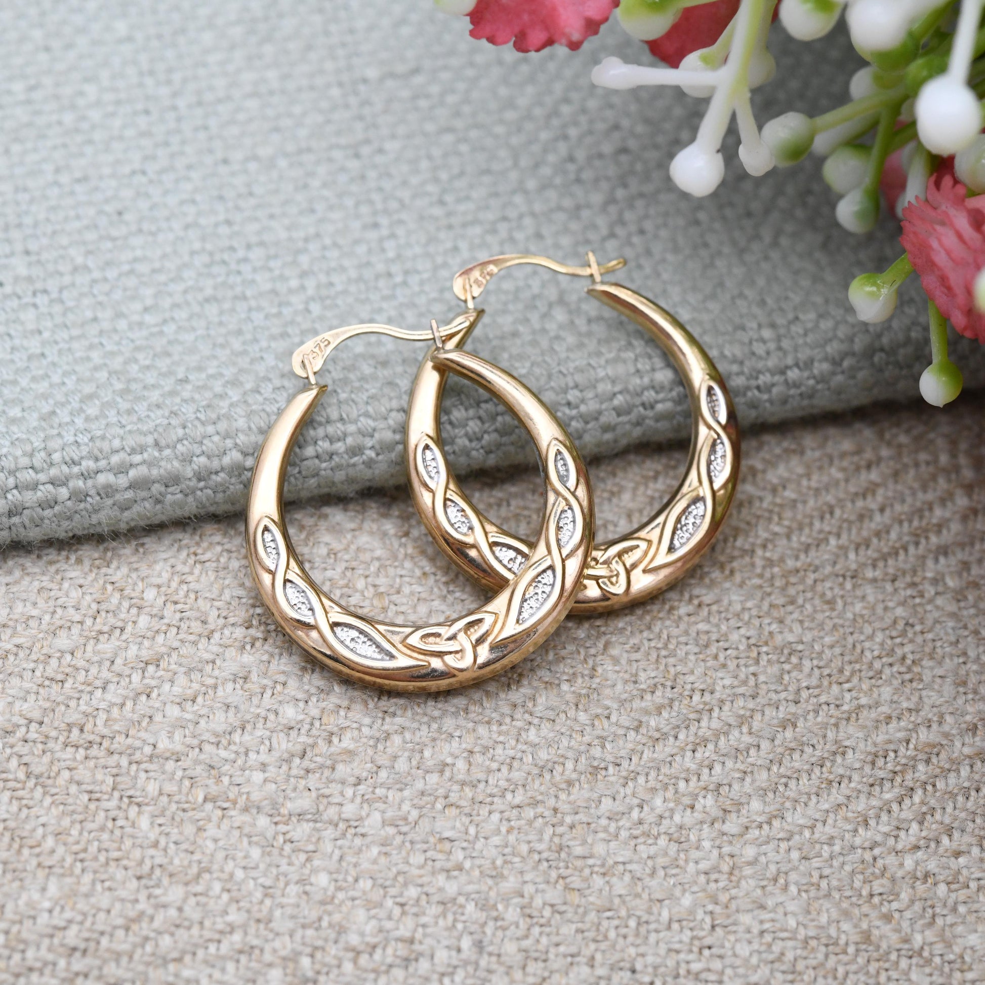 9ct Gold Celtic Hoop Earrings - Two-Tone Triquetra Twist Design | Hollow Hoops | Yellow and White Gold | Pretty Gold Jewellery Gift for Her