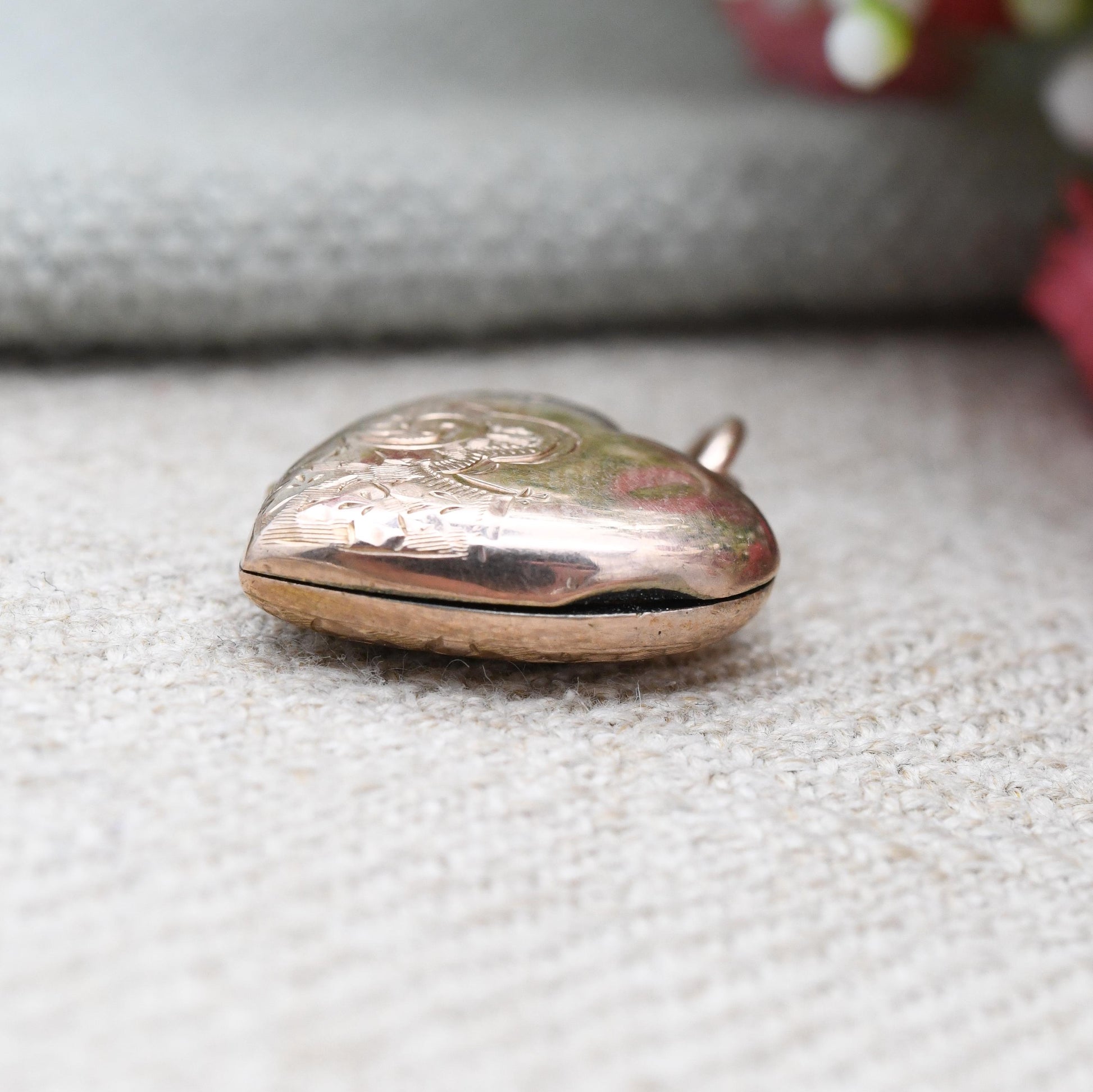 Antique 9ct Rose Gold Heart Locket Pendant - Engraved Love Heart Shape Locket Charm Pendant | Sentimental Jewellery Gift for Her Two Photos
