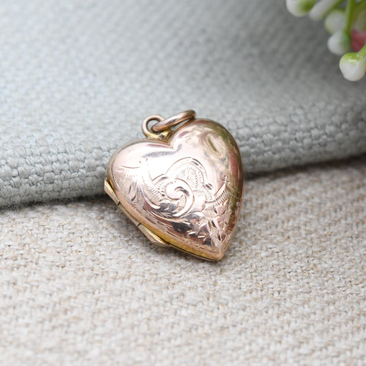 Antique 9ct Rose Gold Heart Locket Pendant - Engraved Love Heart Shape Locket Charm Pendant | Sentimental Jewellery Gift for Her Two Photos