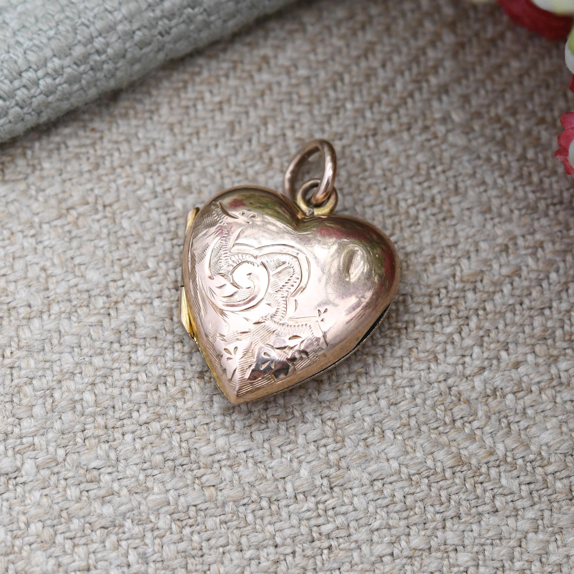 Antique 9ct Rose Gold Heart Locket Pendant - Engraved Love Heart Shape Locket Charm Pendant | Sentimental Jewellery Gift for Her Two Photos