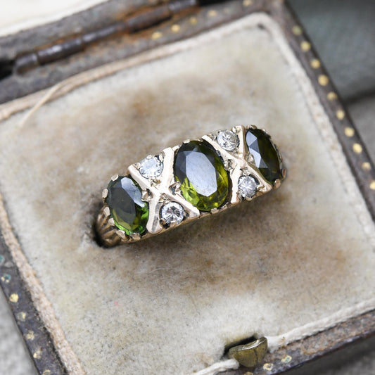 Vintage 9ct Gold Tourmaline Three Stone Ring - Olive Green Flush Set Trilogy Half Eternity Ring Accent Stones | UK Size - L US Size - 5 3/4