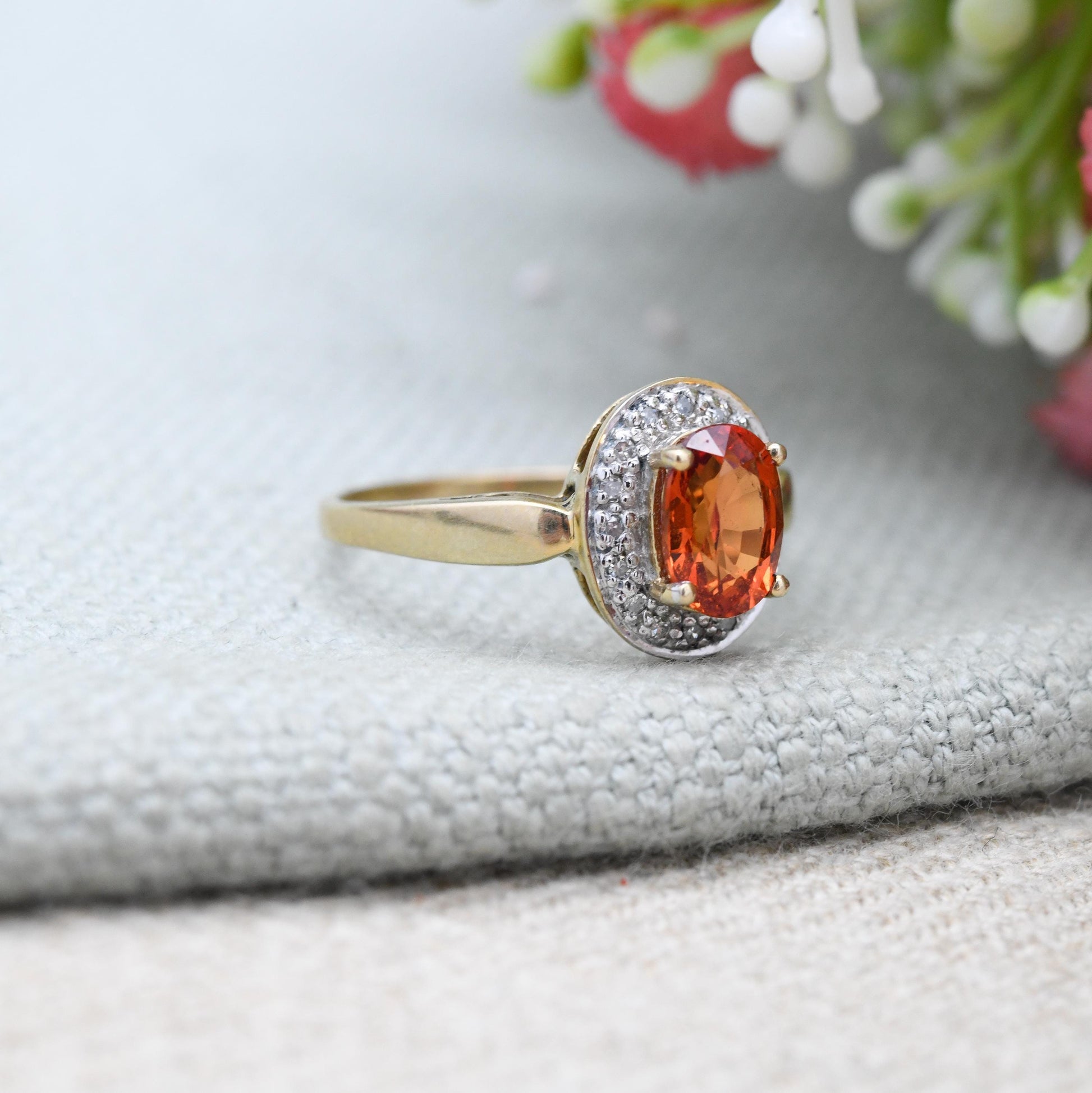 Vintage 9ct Gold Orange Sapphire Ring with Diamond Halo - Faceted Oval Cut Cocktail Dress Ring | UK Size - P | US Size - 7 3/4