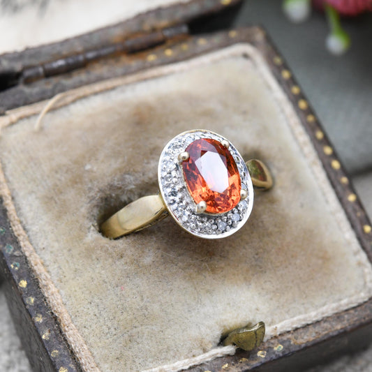 Vintage 9ct Gold Orange Sapphire Ring with Diamond Halo - Faceted Oval Cut Cocktail Dress Ring | UK Size - P | US Size - 7 3/4