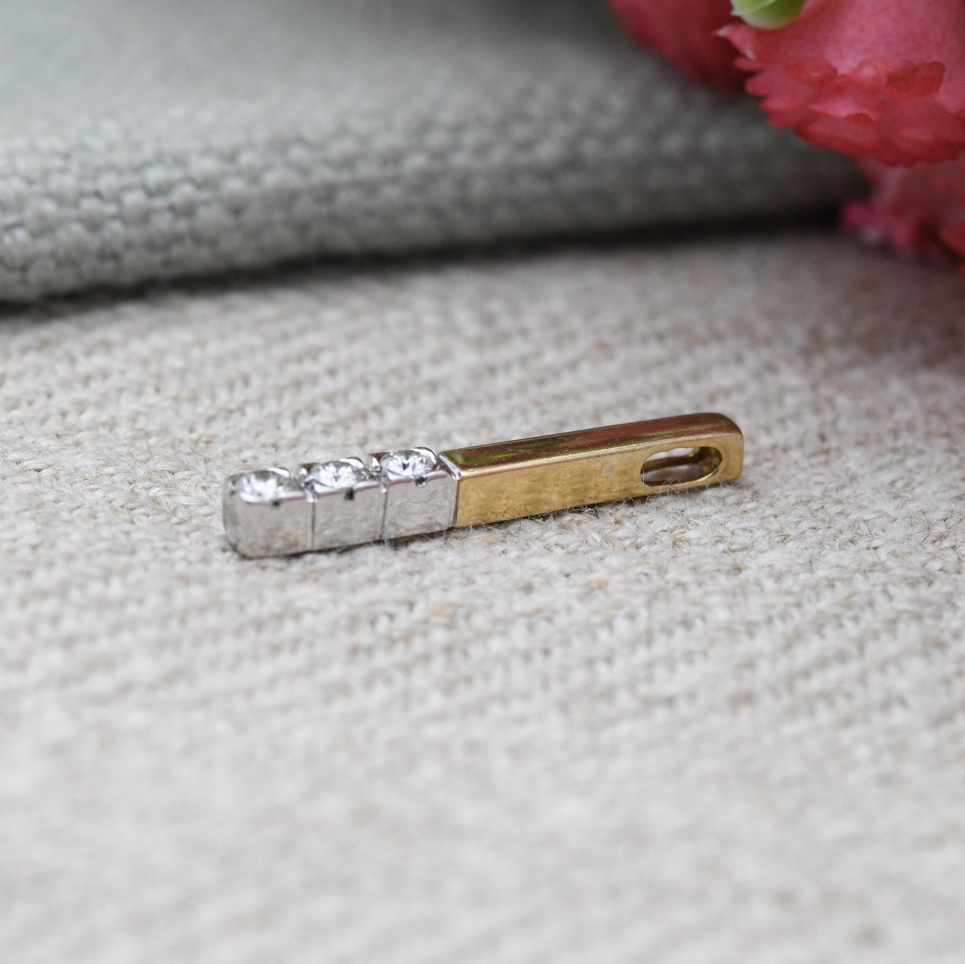 9ct Gold Diamond Pendant 2003 Two Tone White Gold and Yellow Gold - Solid Gold Minimalist Gift for Her | Three Stone Bar Pendant Charm