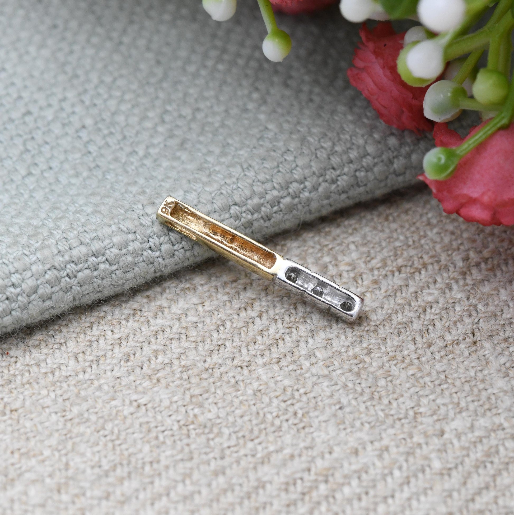 9ct Gold Diamond Pendant 2003 Two Tone White Gold and Yellow Gold - Solid Gold Minimalist Gift for Her | Three Stone Bar Pendant Charm